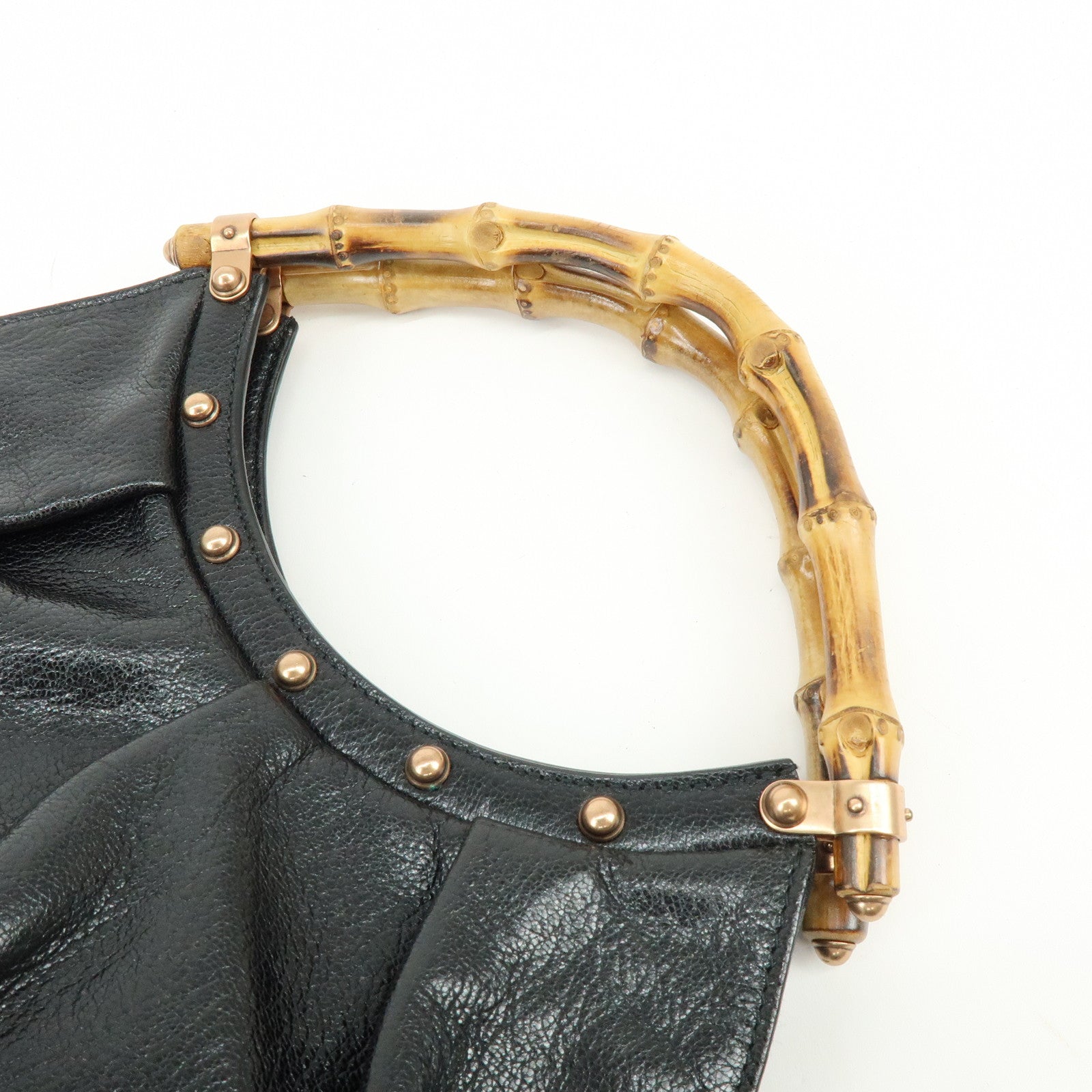 GUCCI Bamboo Leather Studs Hand Bag Tote Bag Black