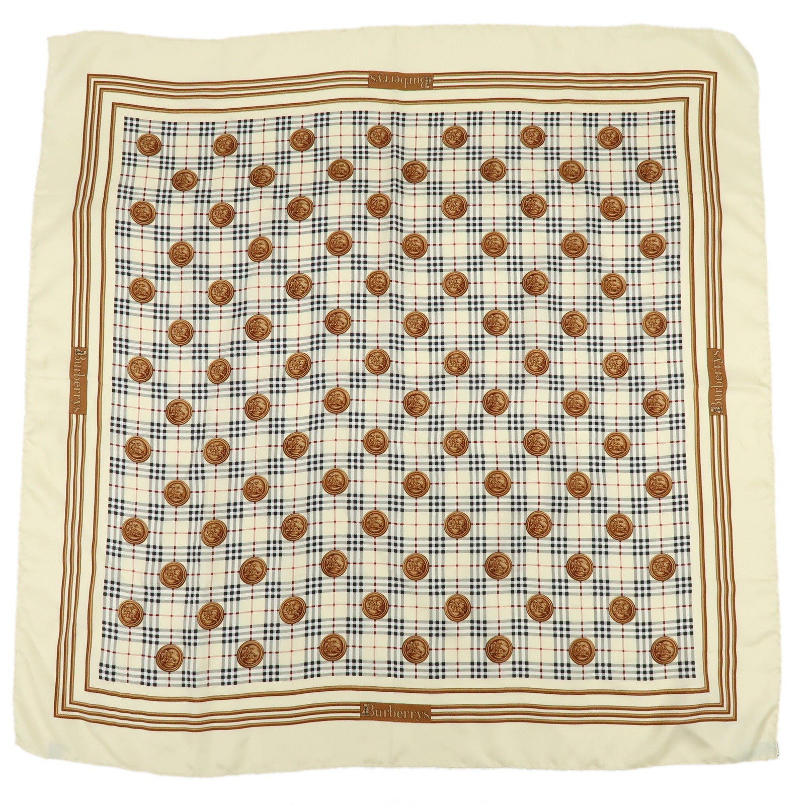 BURBERRY Nova Plaid Silk 100% Scarf Coin Motif Beige Brown