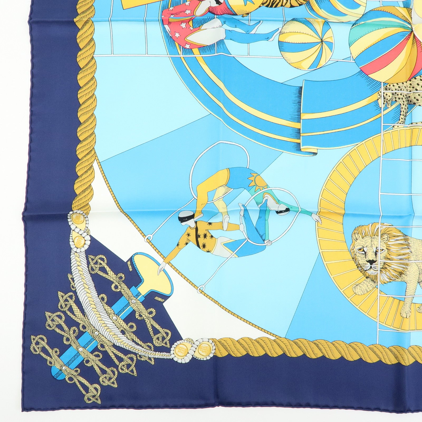 HERMES Carre 90 Silk 100% Scarf Circus Blue Yellow White
