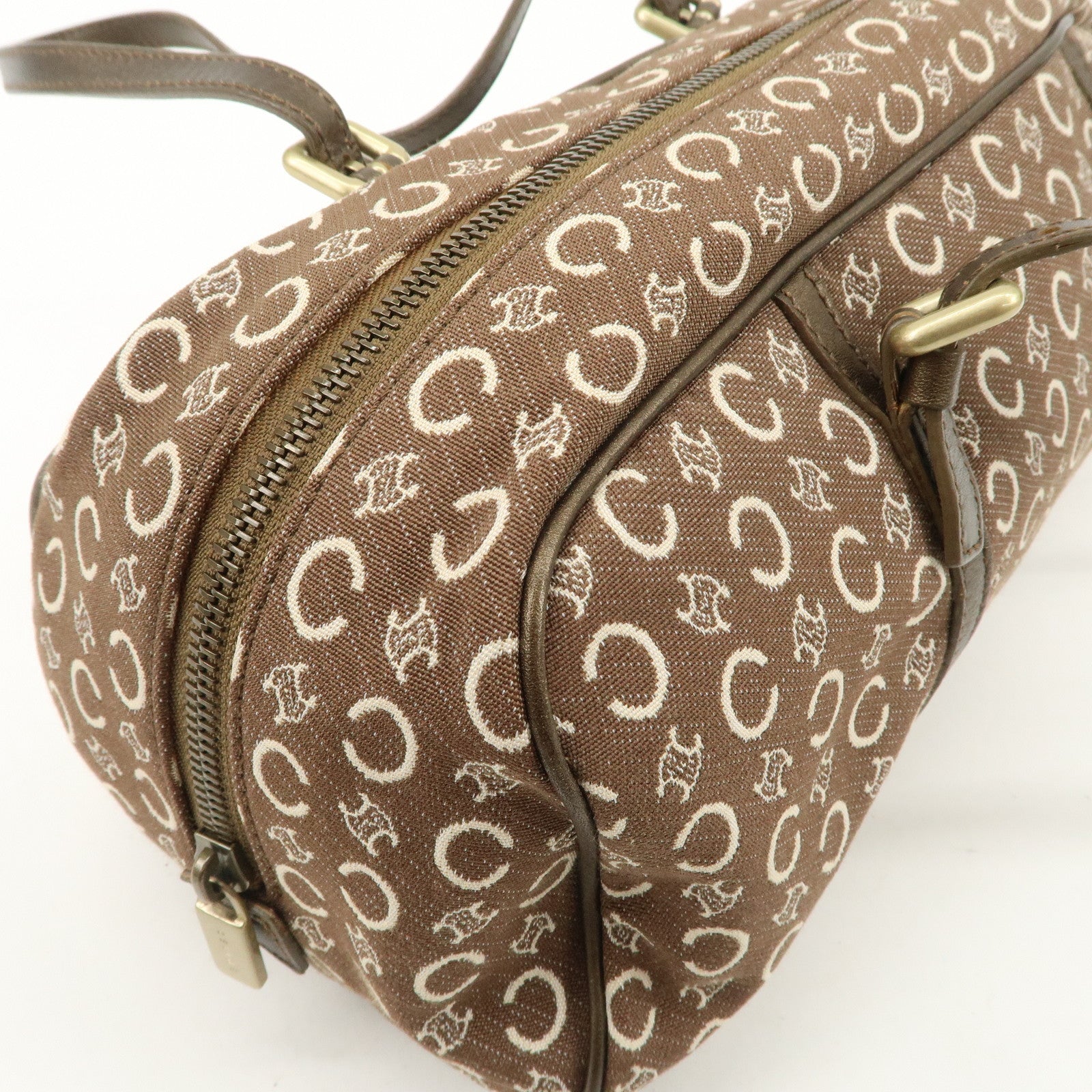 CELINE C Macadam Canvas Leather Boston Bag Hand Bag Brown White Used