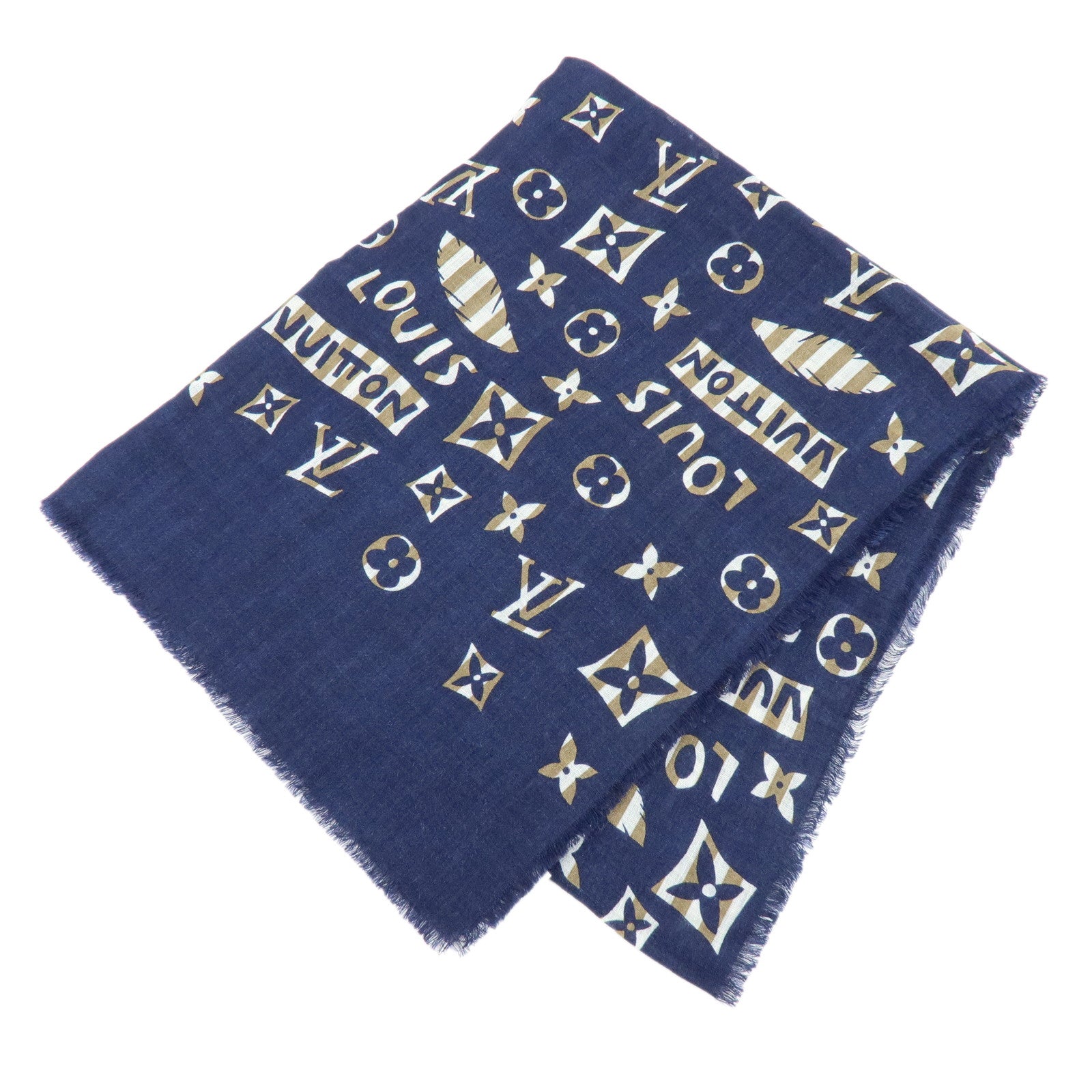 Louis Vuitton Monogram Linen Silk Scarf Shawl Navy Light Brown