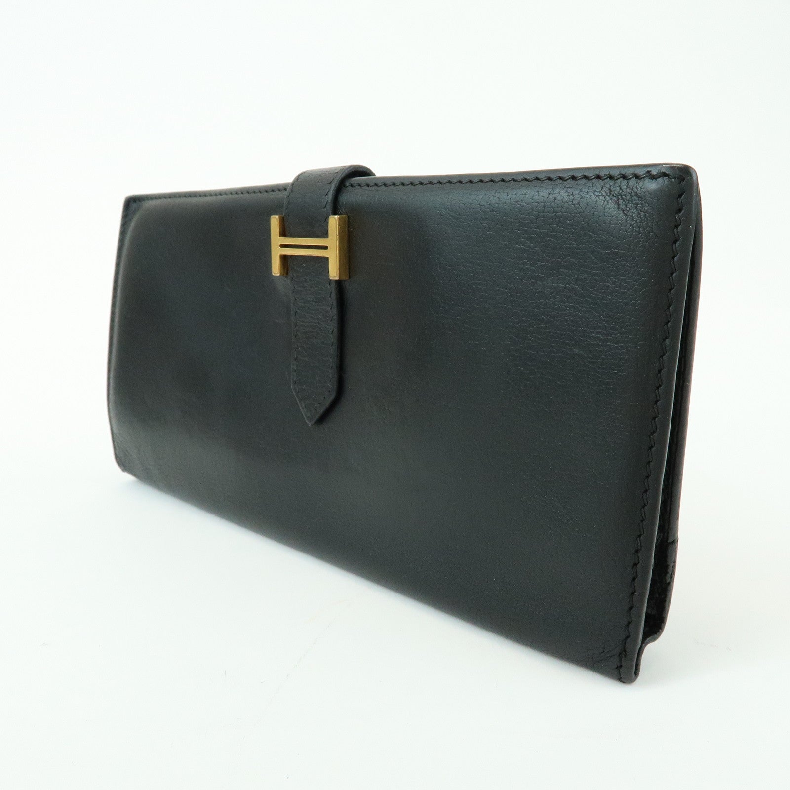 HERMES Bearn Calf Leather Bi-fold Long Wallet □I Stamped Black