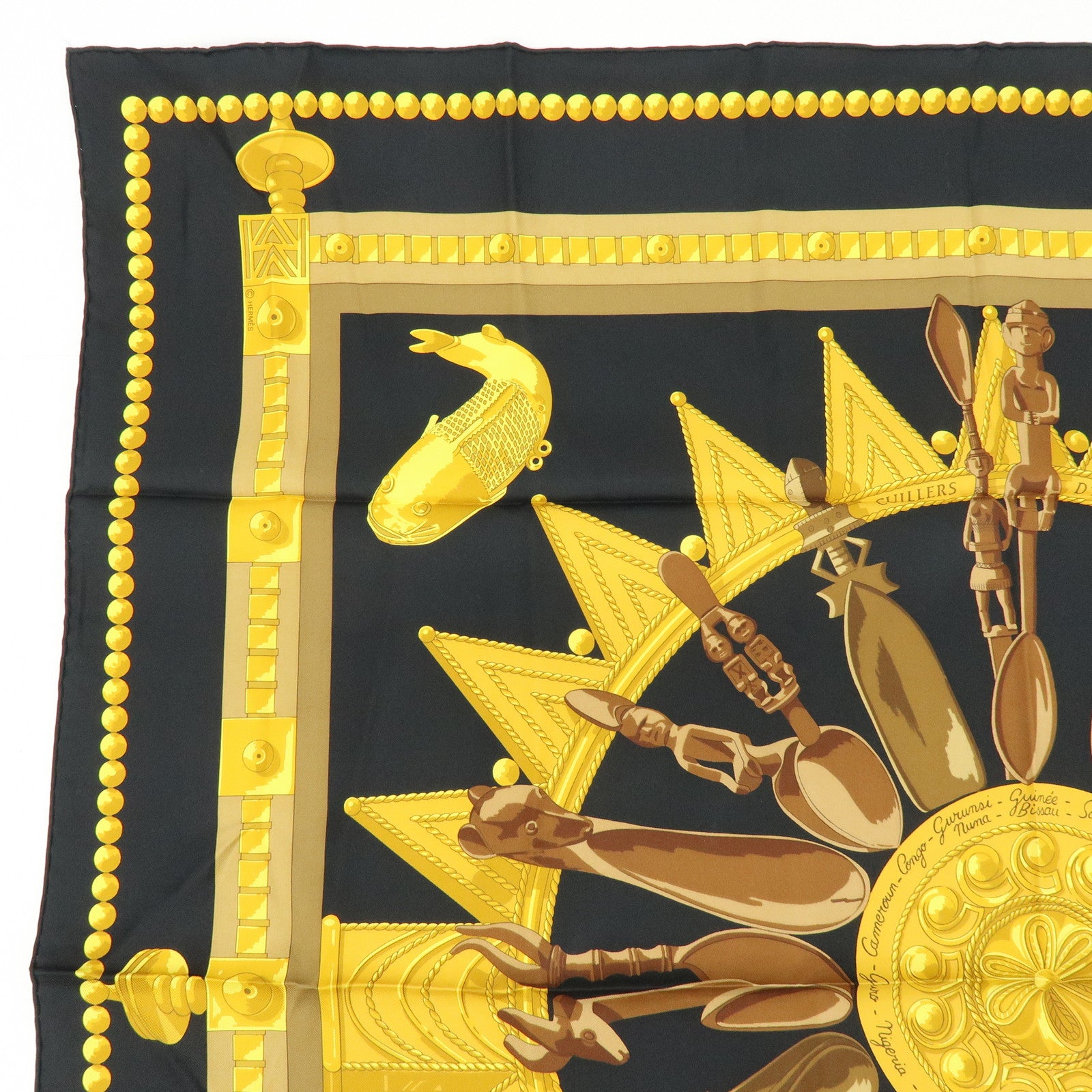 HERMES Carre 90 Silk 100% Scarf CUILLERS D'AFRIQUE Black Gold Brown