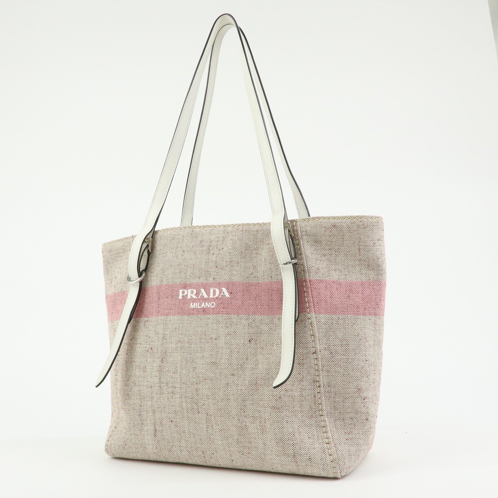 PRADA Logo Canvas Leather Tote Bag Shoulder Bag Natural Pink