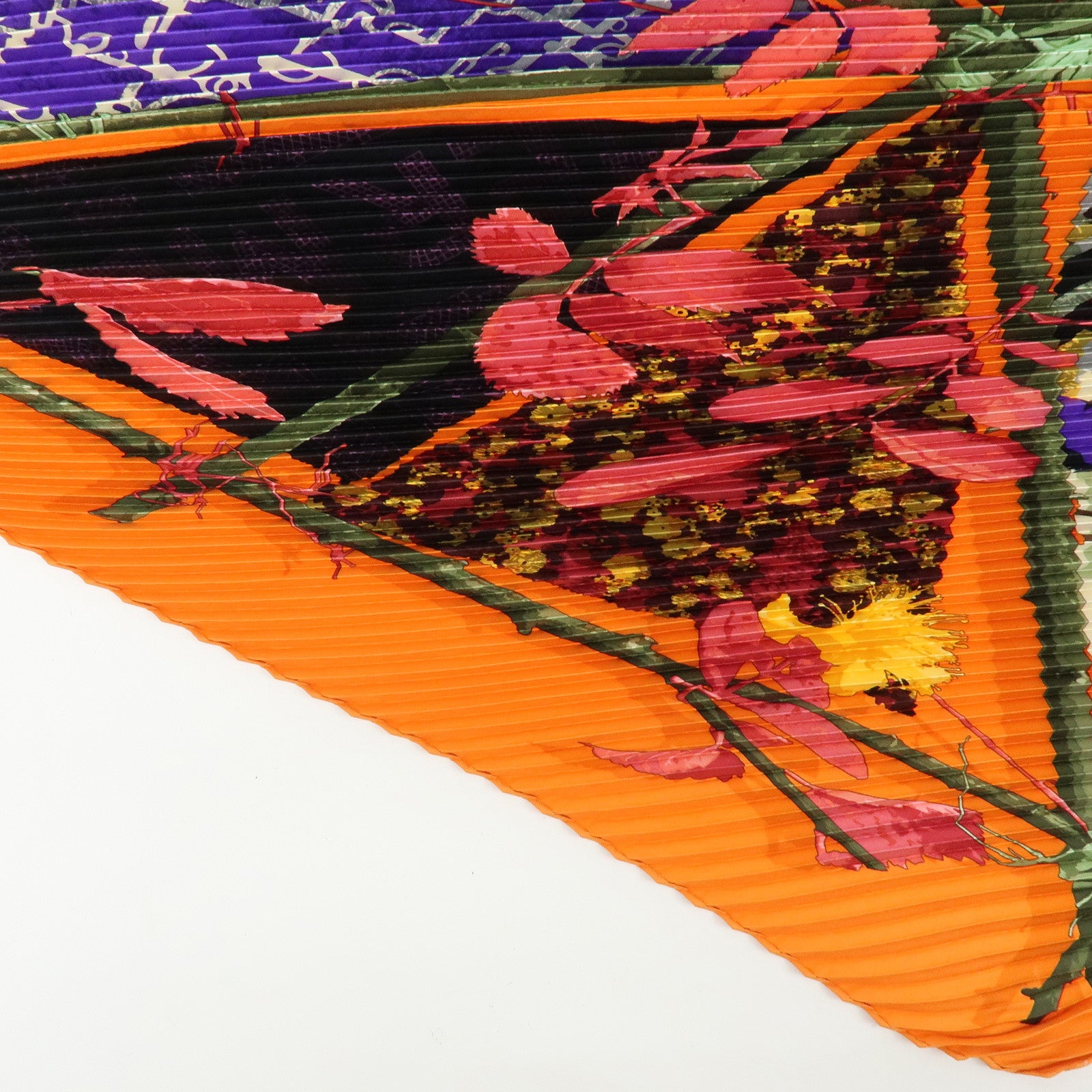 HERMES Pleated Carre 90 Silk 100% Scarf LE ROBINSON CHIC Orange Purple