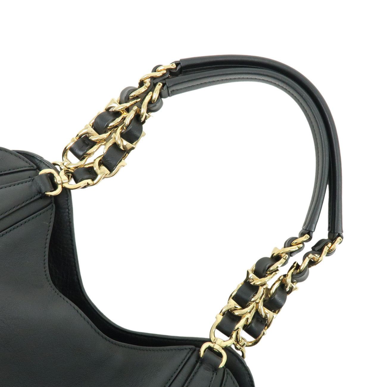 Ferragamo Gancini Leather Chain Shoulder Bag Hand Bag Black