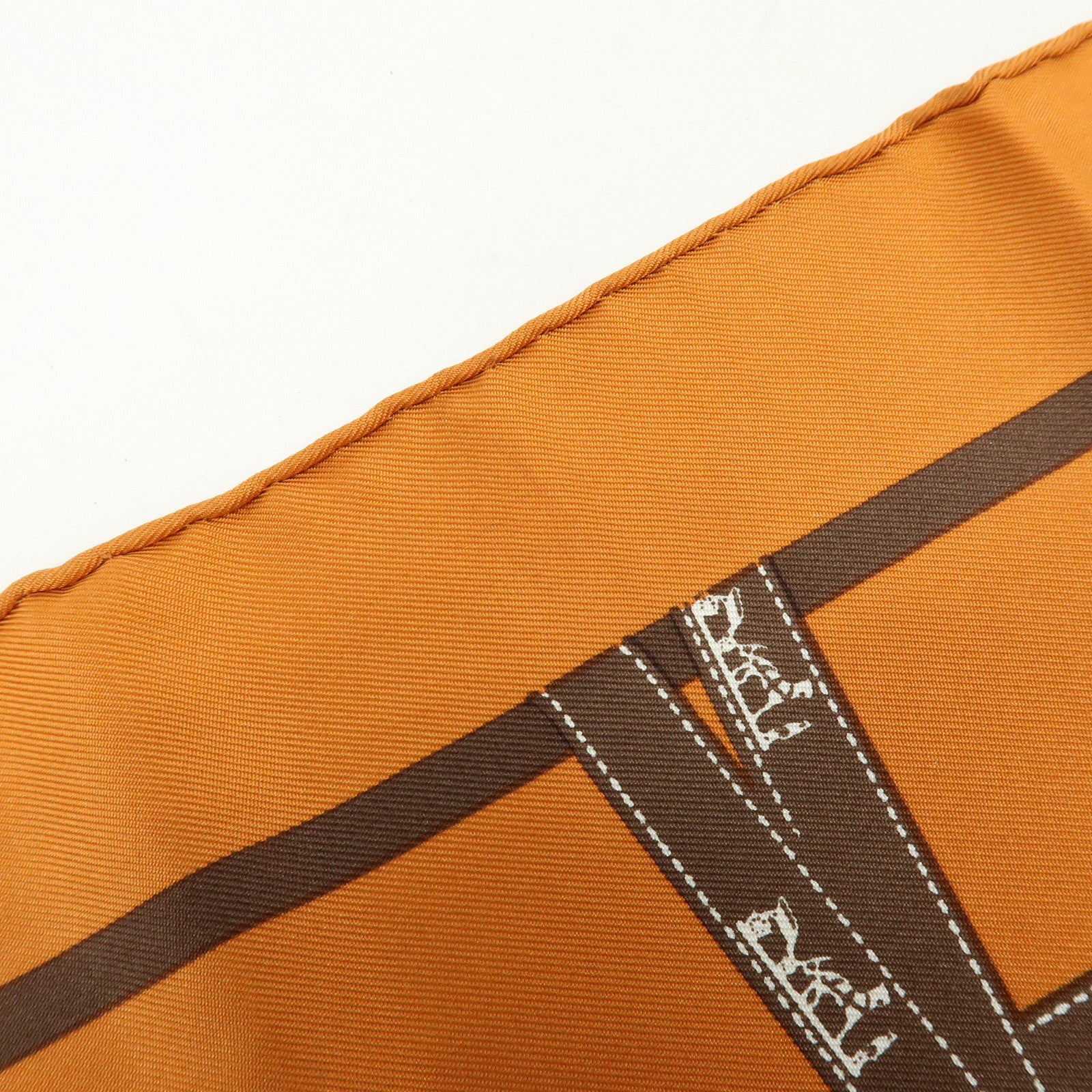 HERMES Carre 45 Bolduc Silk 100% Scarf Ribbon Pattern Orange Brown