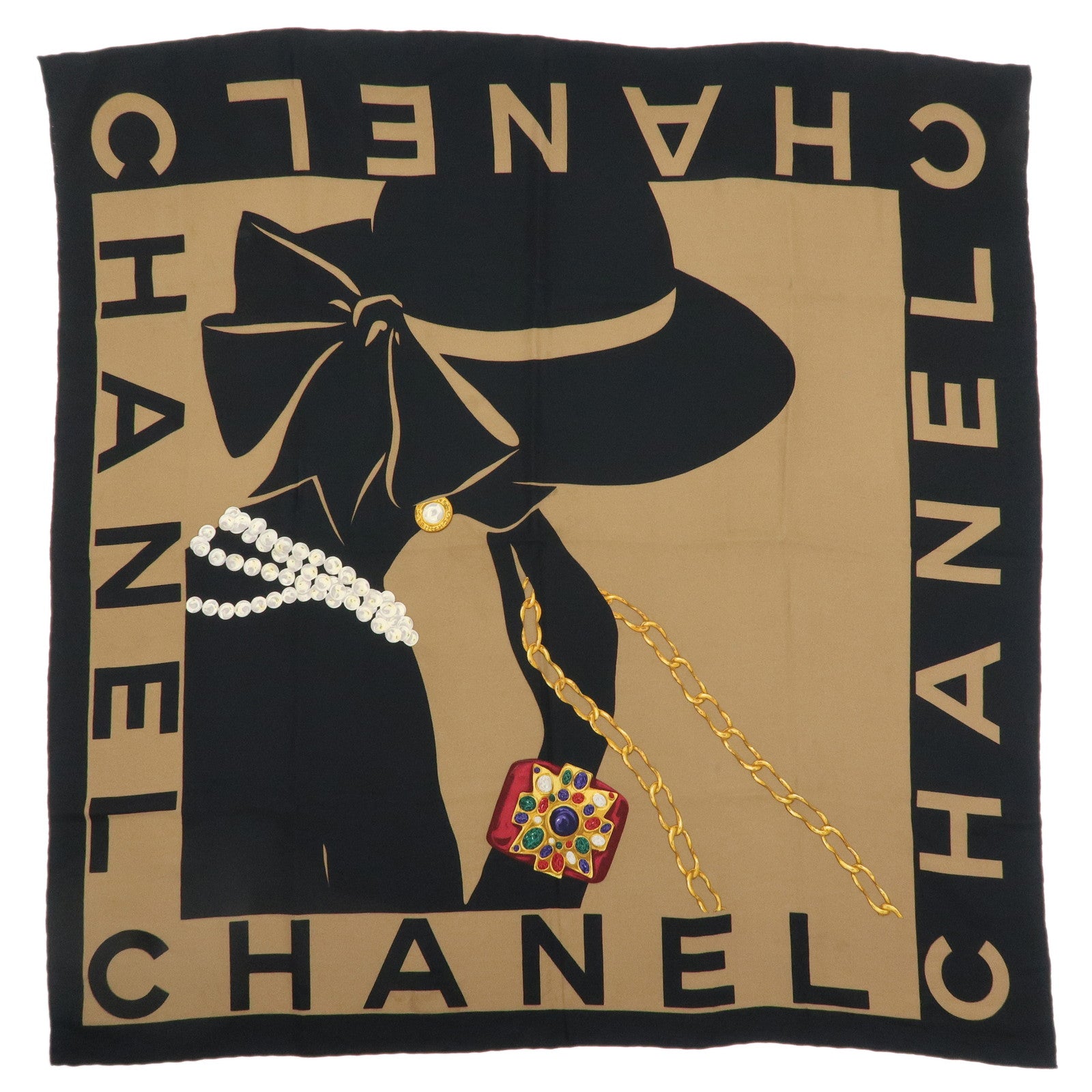 CHANEL Silk 100% Scarf Pearl Jewelry Brown Black Gold Multicolor