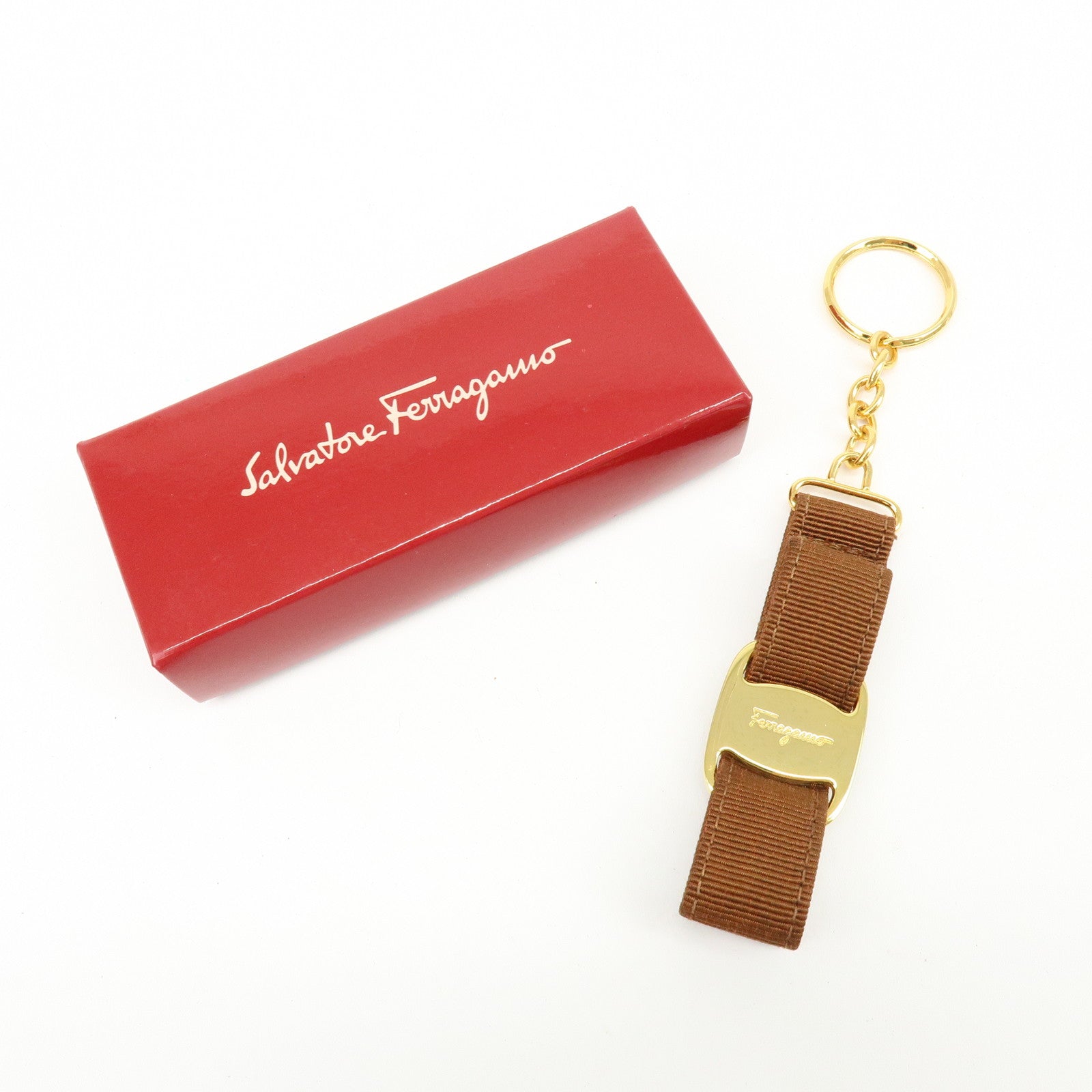 Ferragamo Varra Ribbon Canvas Metal Bag Charm Key holder Brown