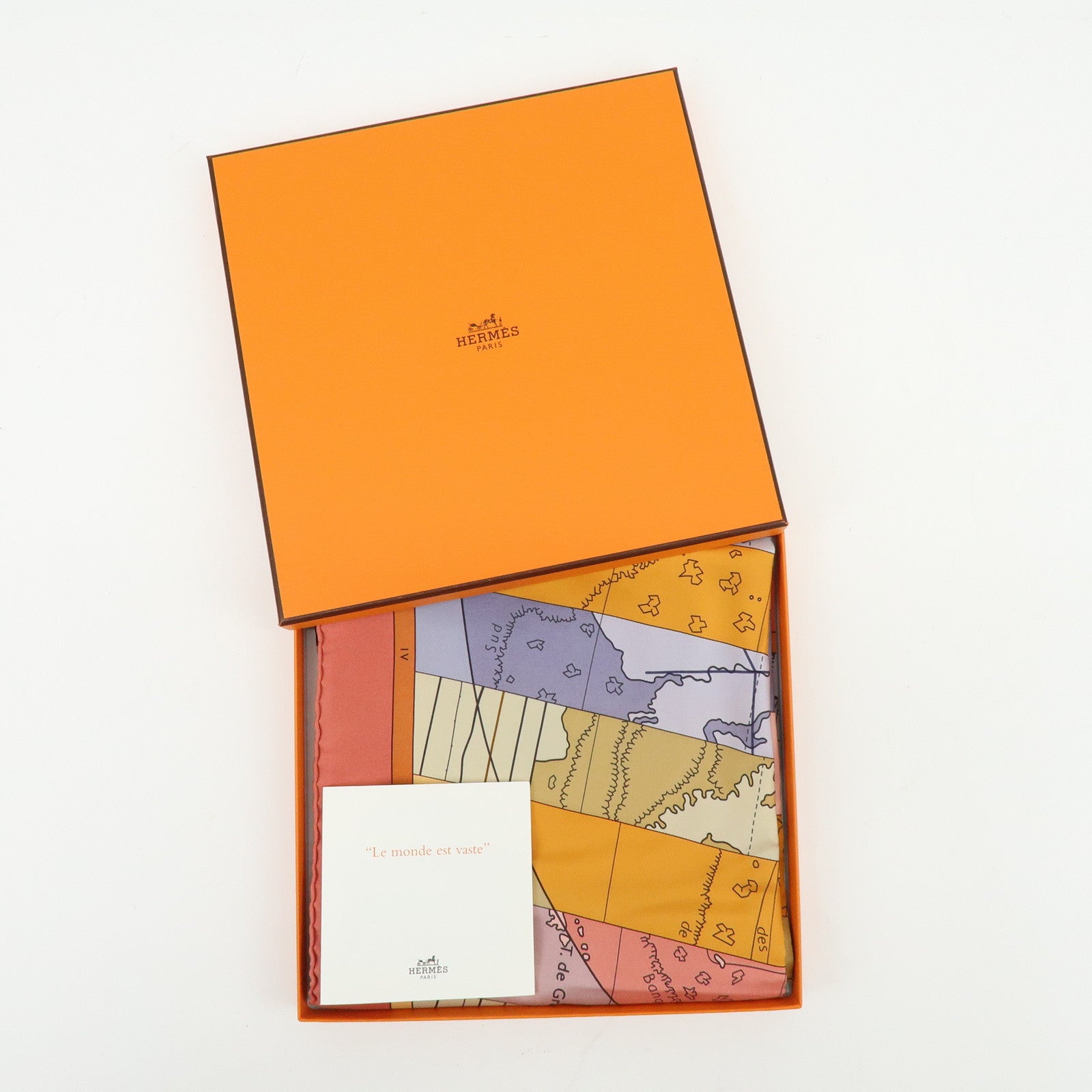 HERMES Carre 90 Silk 100% Scarf LE MONDE EST VASTE Coral Orange
