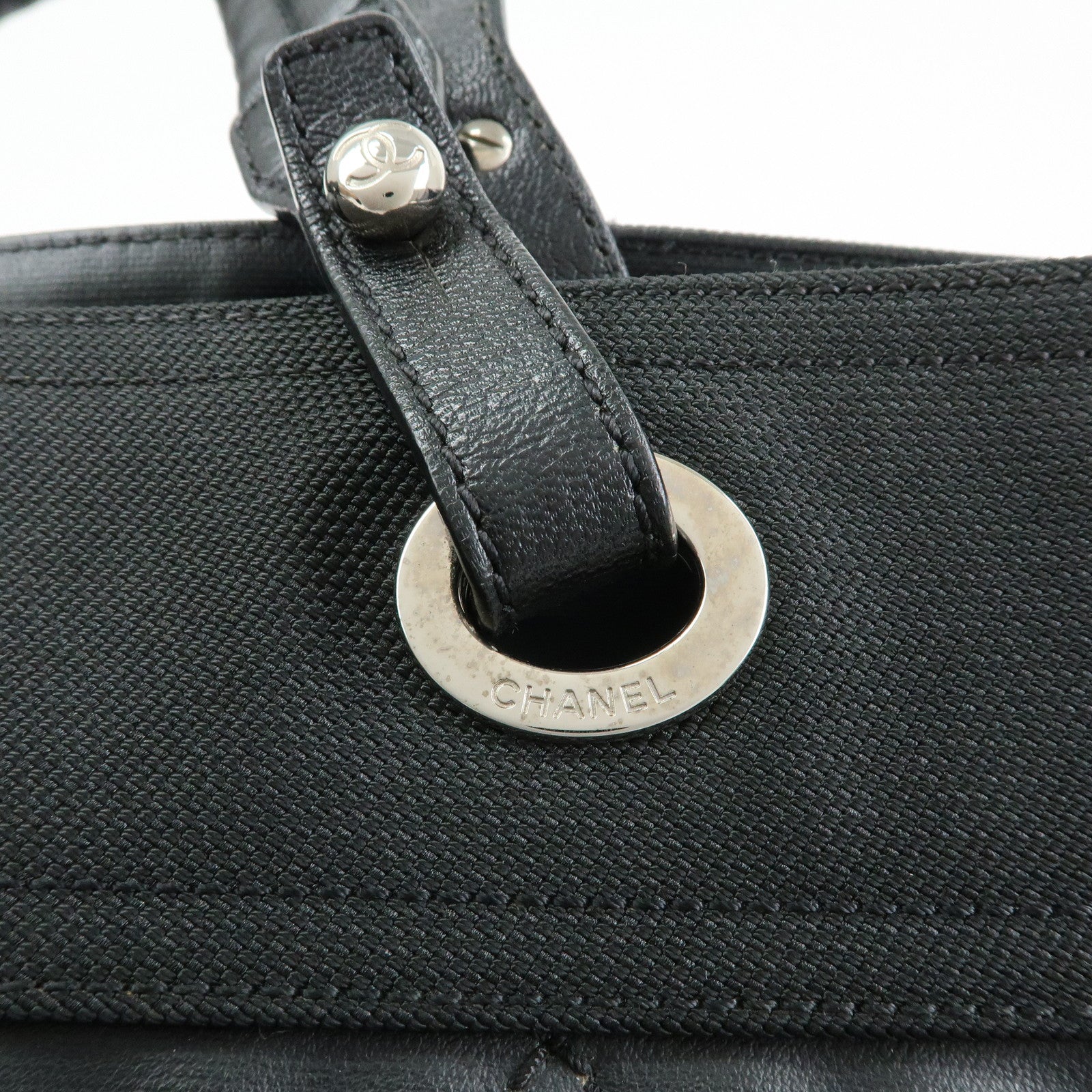 CHANEL Paris Biarritz MM Leather Canvas Tote Bag Hand Bag Black A34209
