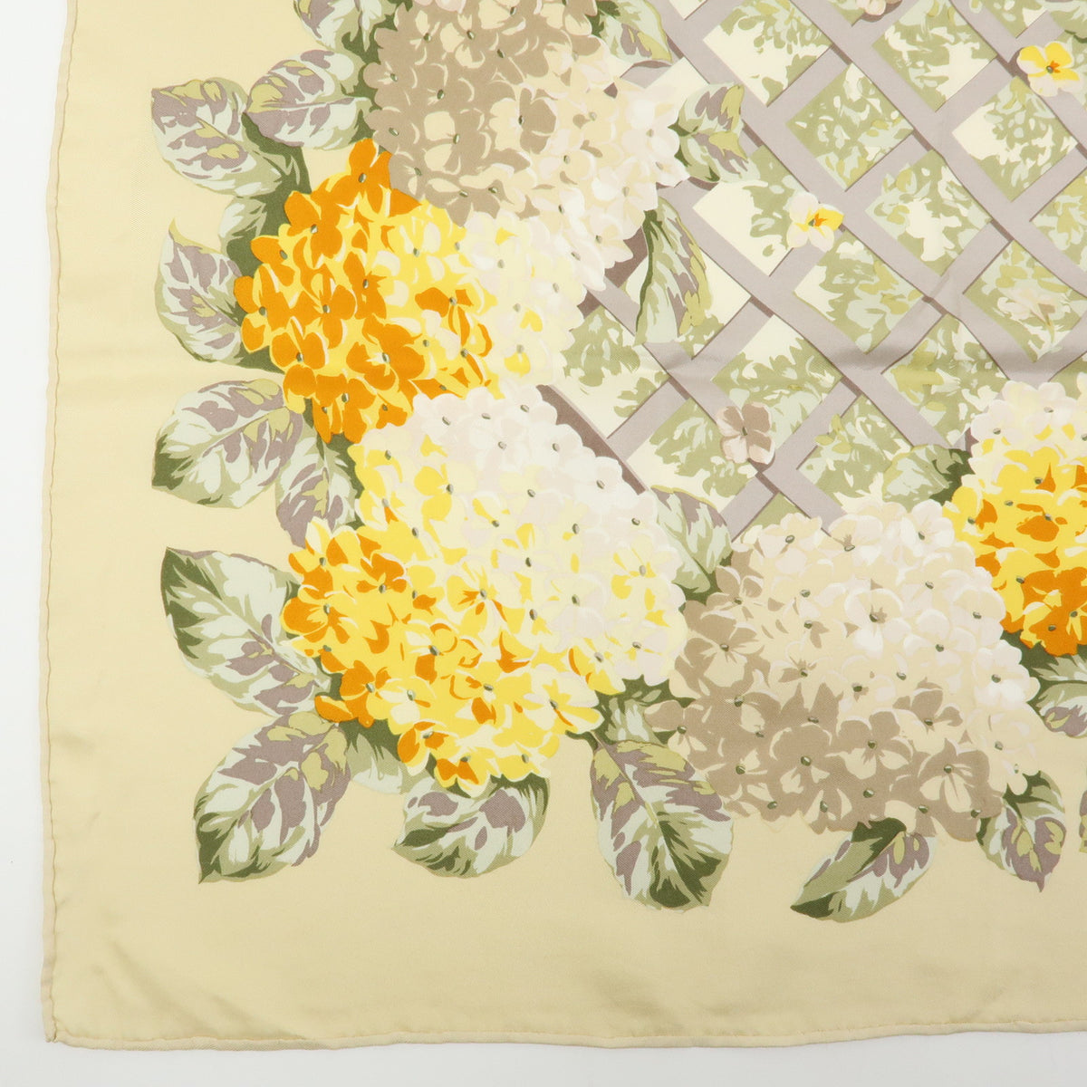 Christian Dior Silk 100% Scarf Hydrangea Print Beige Yellow Green