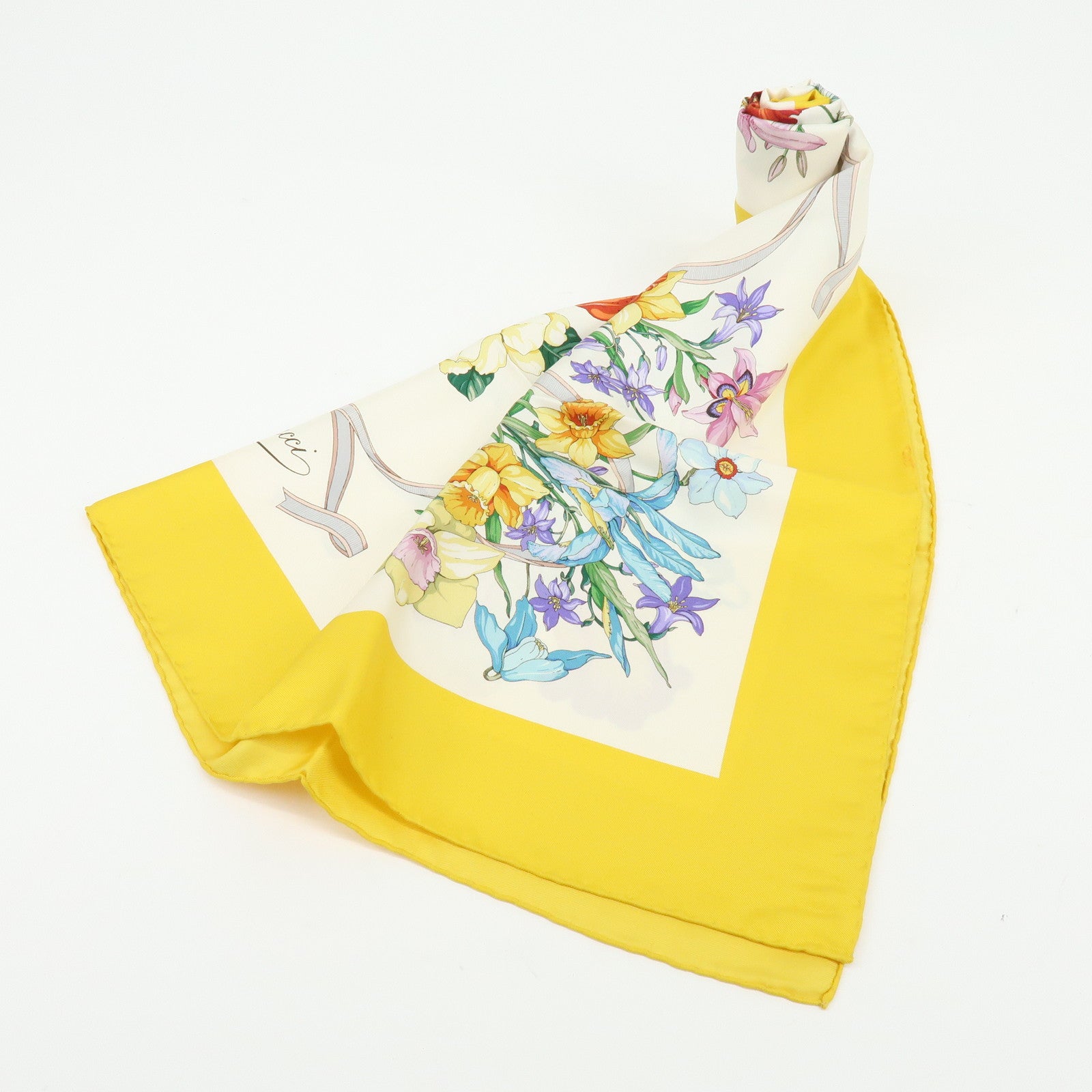 GUCCI Flora Silk 100% Scarf Shawl White Yellow Blue Orange Purple