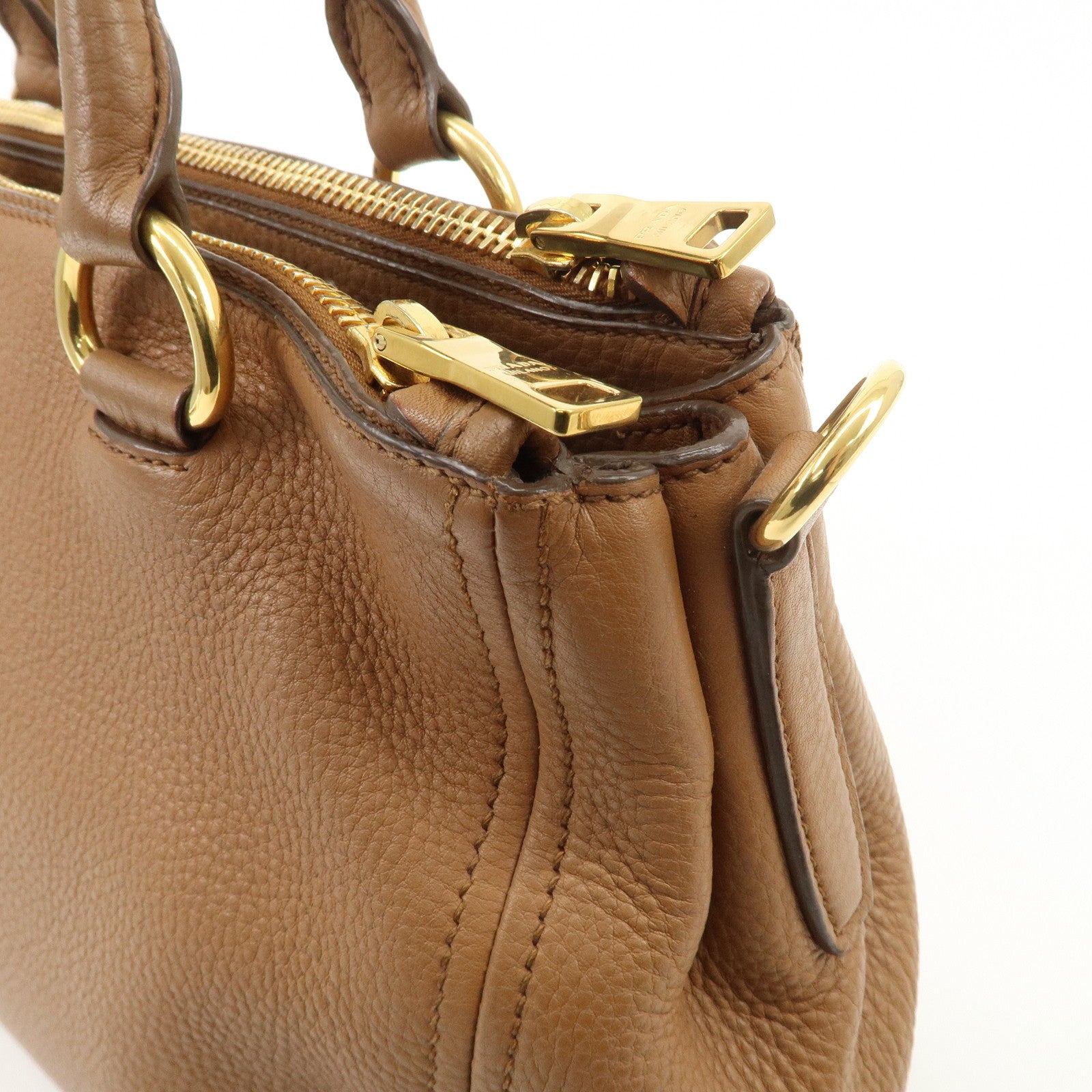 PRADA Logo Leather 2WAY Tote Bag Hand Bag Brown Gold Hardware Used