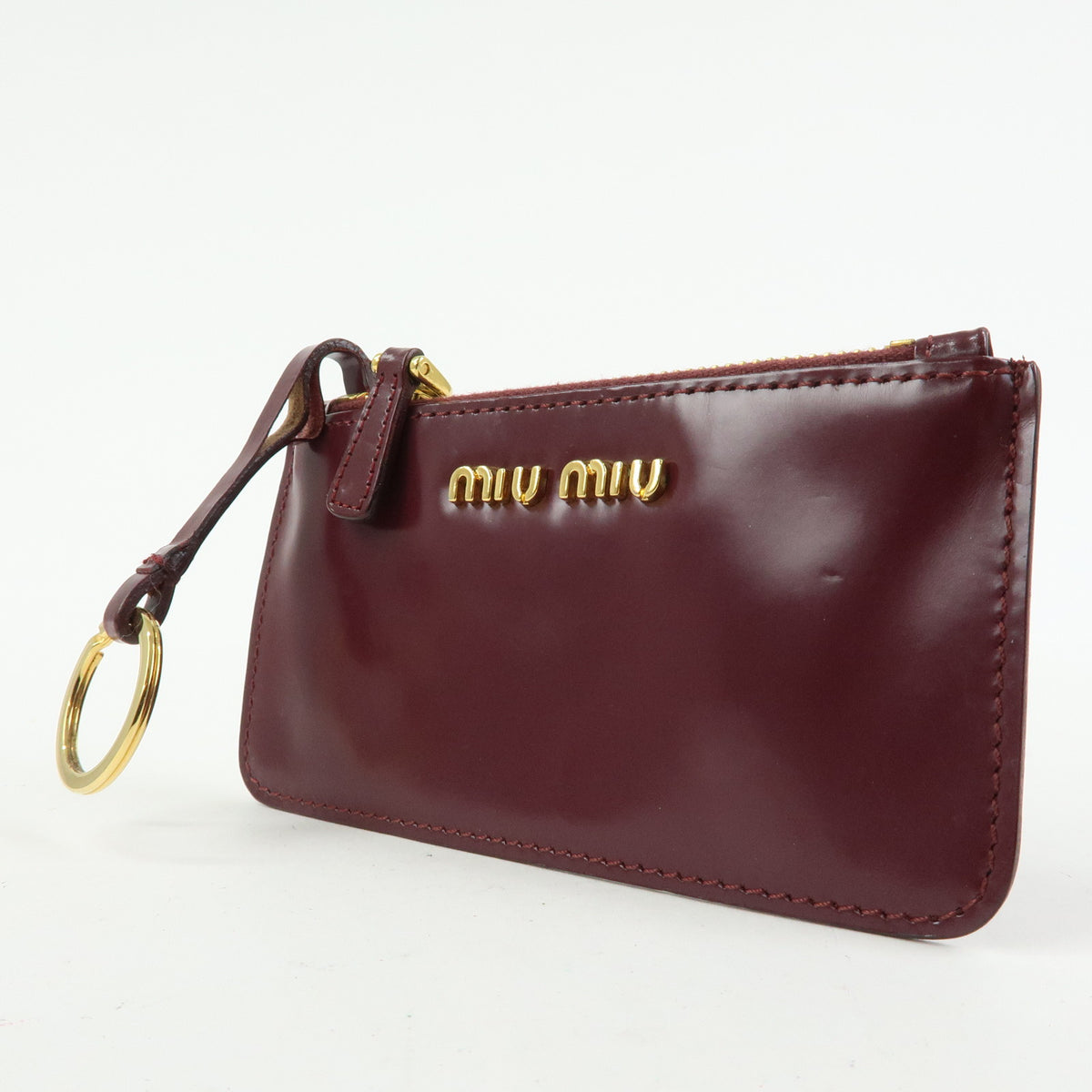 MIU MIU Leather Coin Case Key Ring Pouch Purse Bordeaux Wine Red