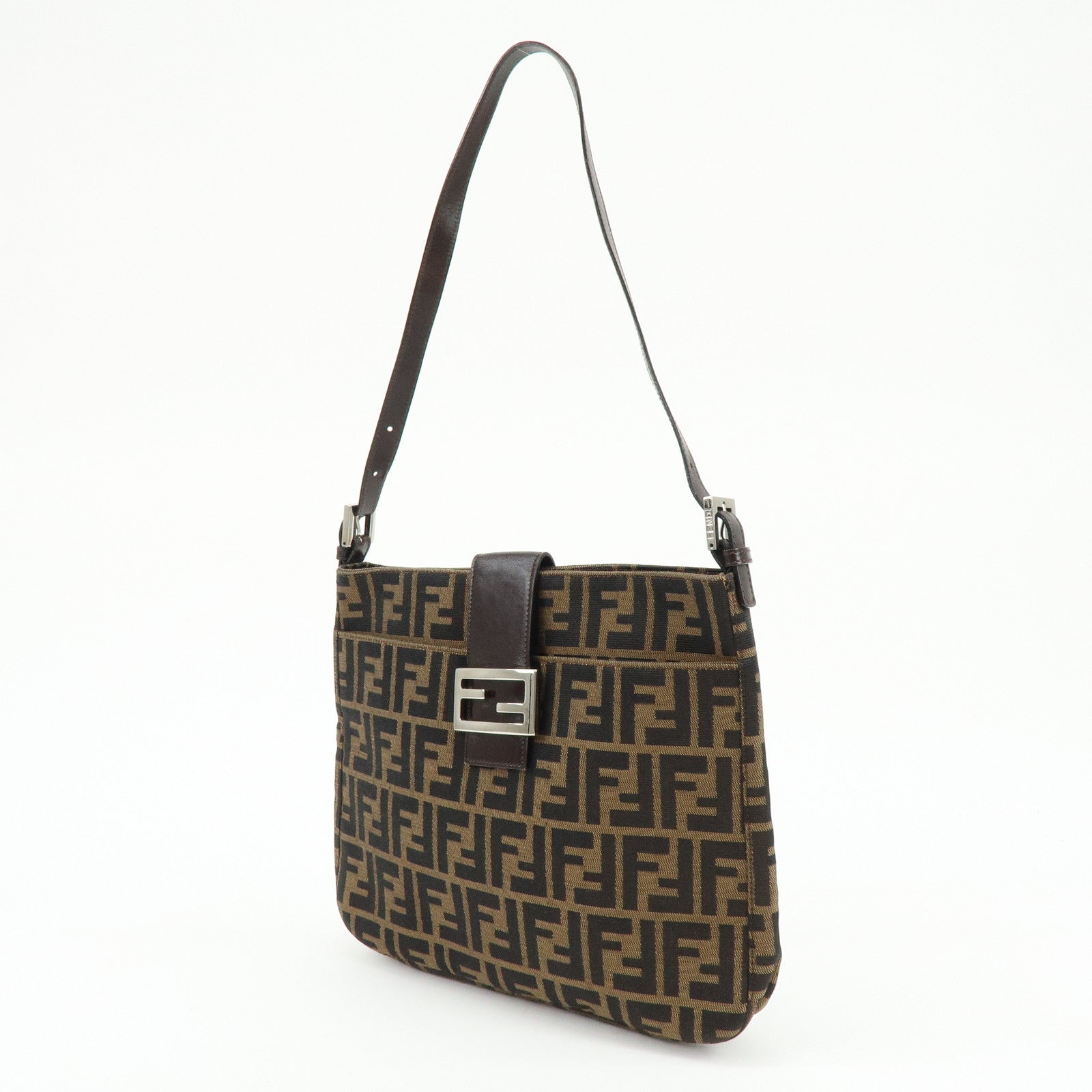 FENDI Zucca Canvas Leather Shoulder Bag Brown Black 26727