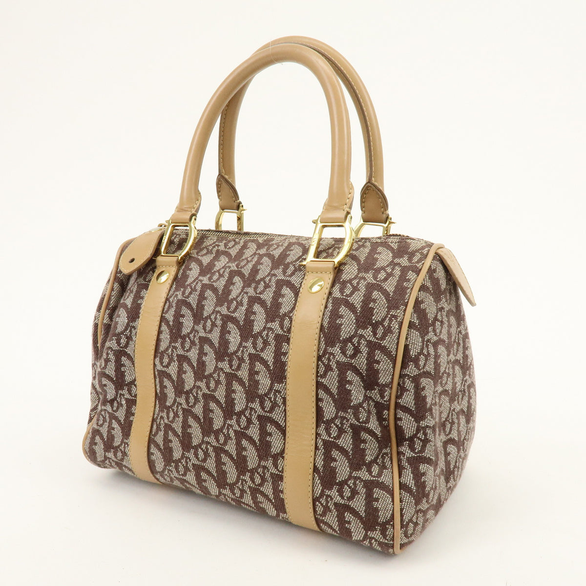 Christian Dior Trotter Jacquard Canvas Leather Boston Bag Brown Beige