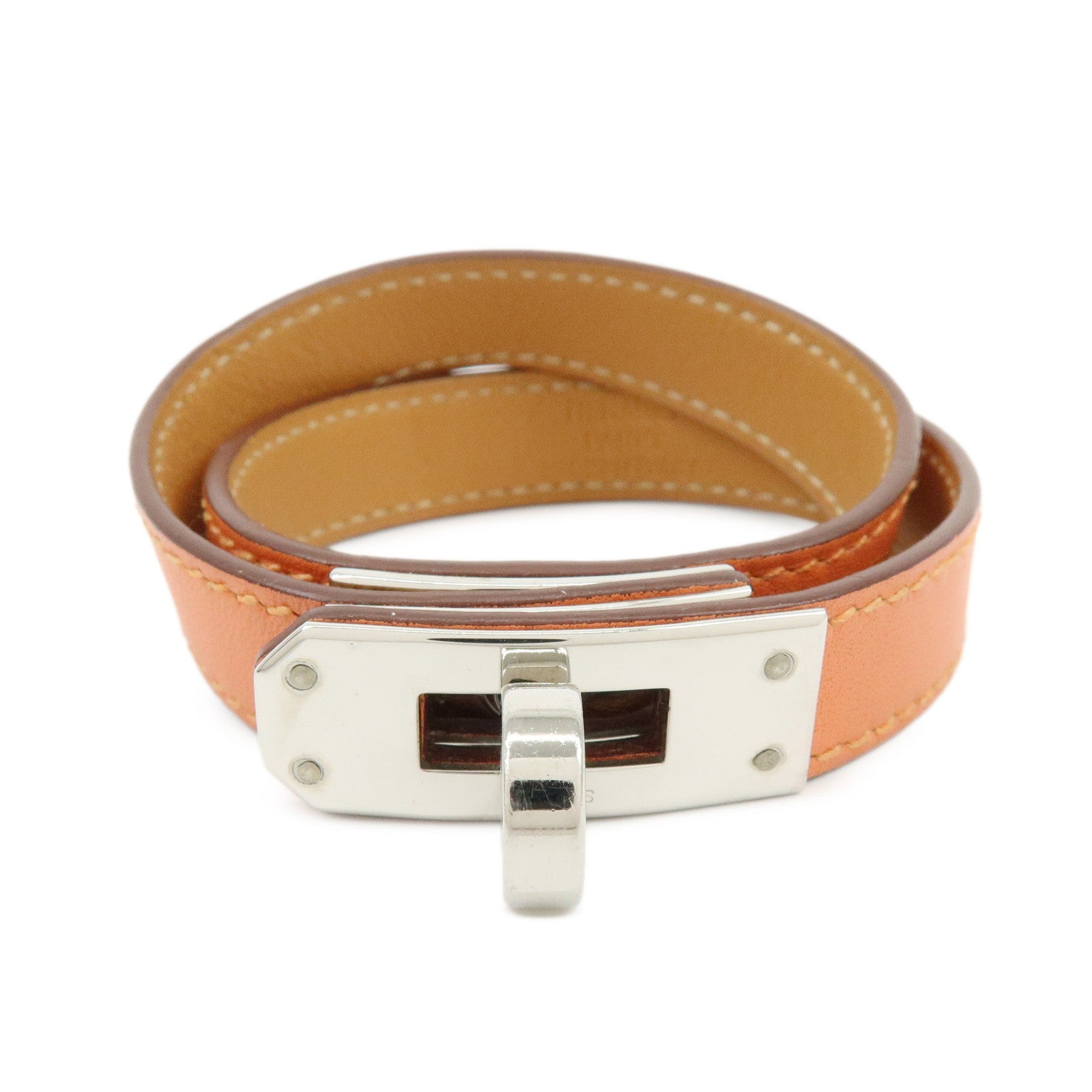 HERMES Kelly Double Tour Leather Bangle Bracelet ☐P Stamped Orange