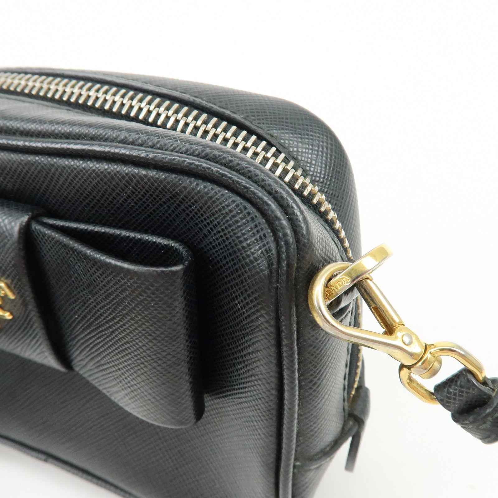 PRADA Saffiano Leather Shoulder Crossbody Bag Ribbon Motif Black 1NF674