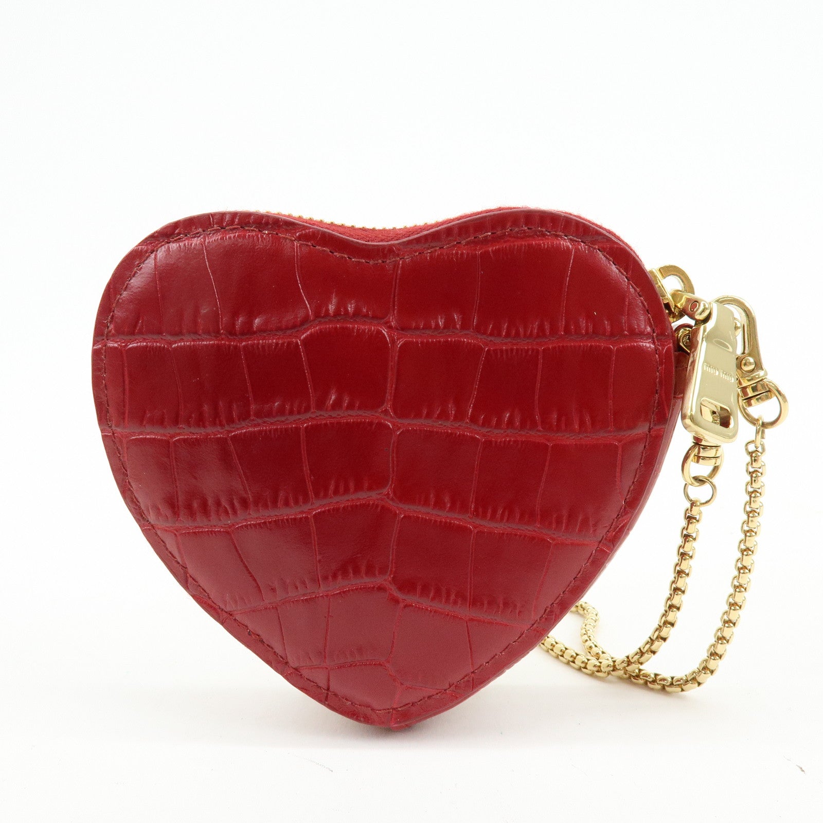 MIU MIU Embossed Leather Coin Case Bag Charm Heart Motif Red 5TL358