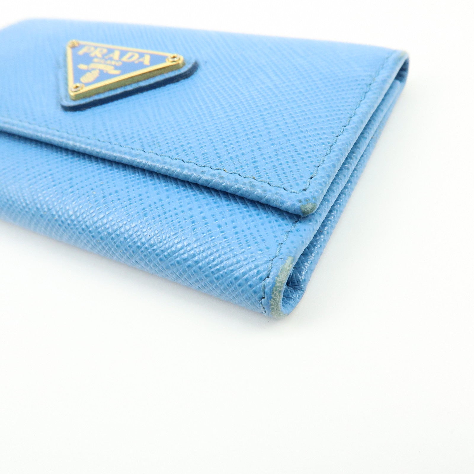 PRADA Triangle Log Saffiano Leather Key Case Key Holder Blue