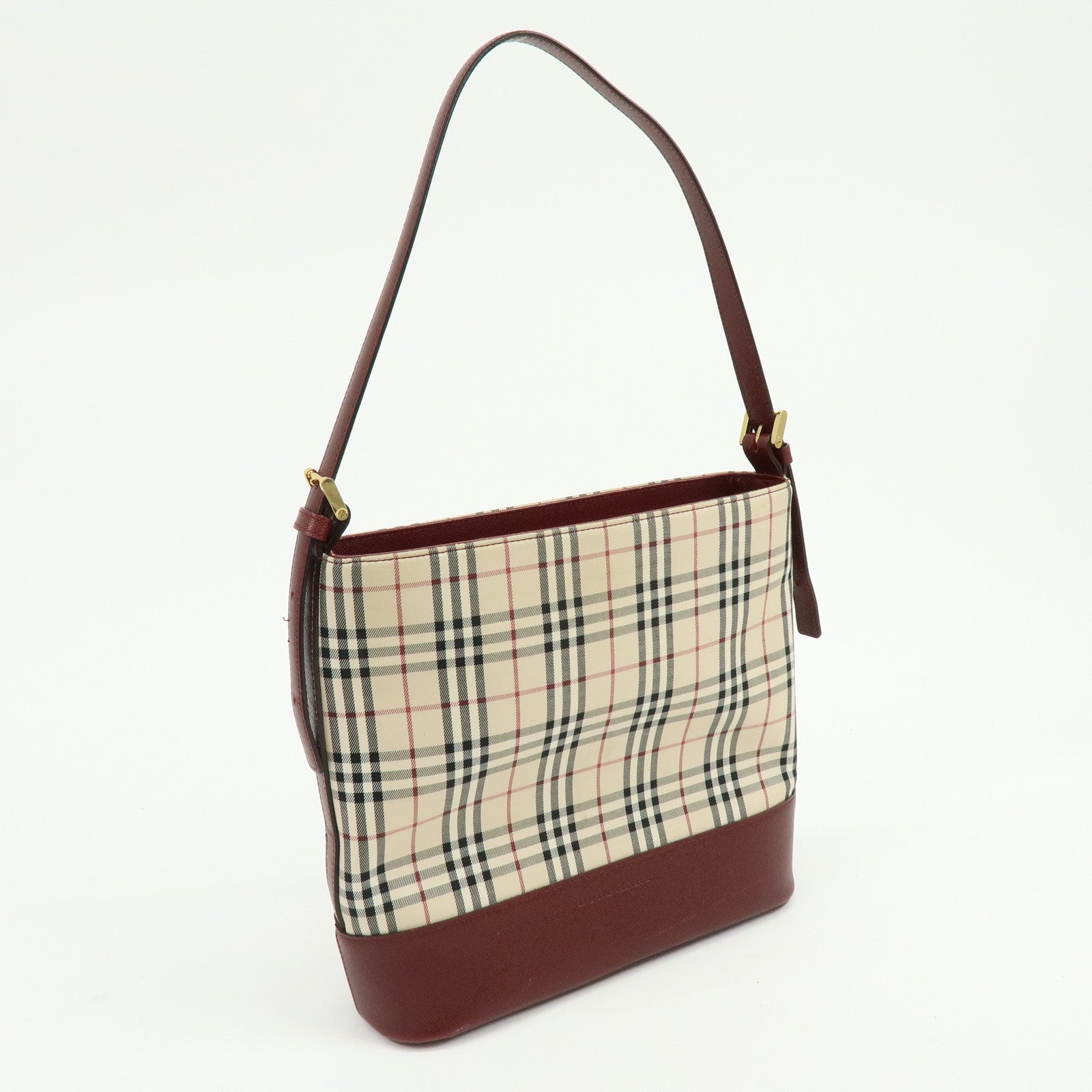 BURBERRY Nova Plaid Canvas Leather Shoulder Bag Hand Bag Beige Bordeaux
