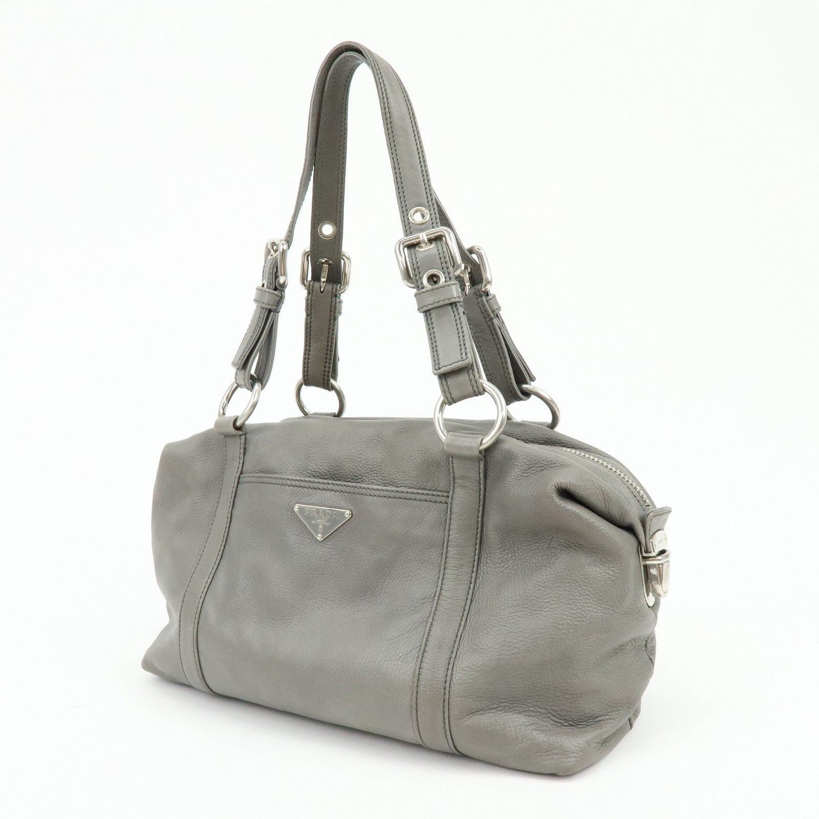 PRADA Triangle Logo Leather Boston Bag Shoulder Bag Gray BR2630