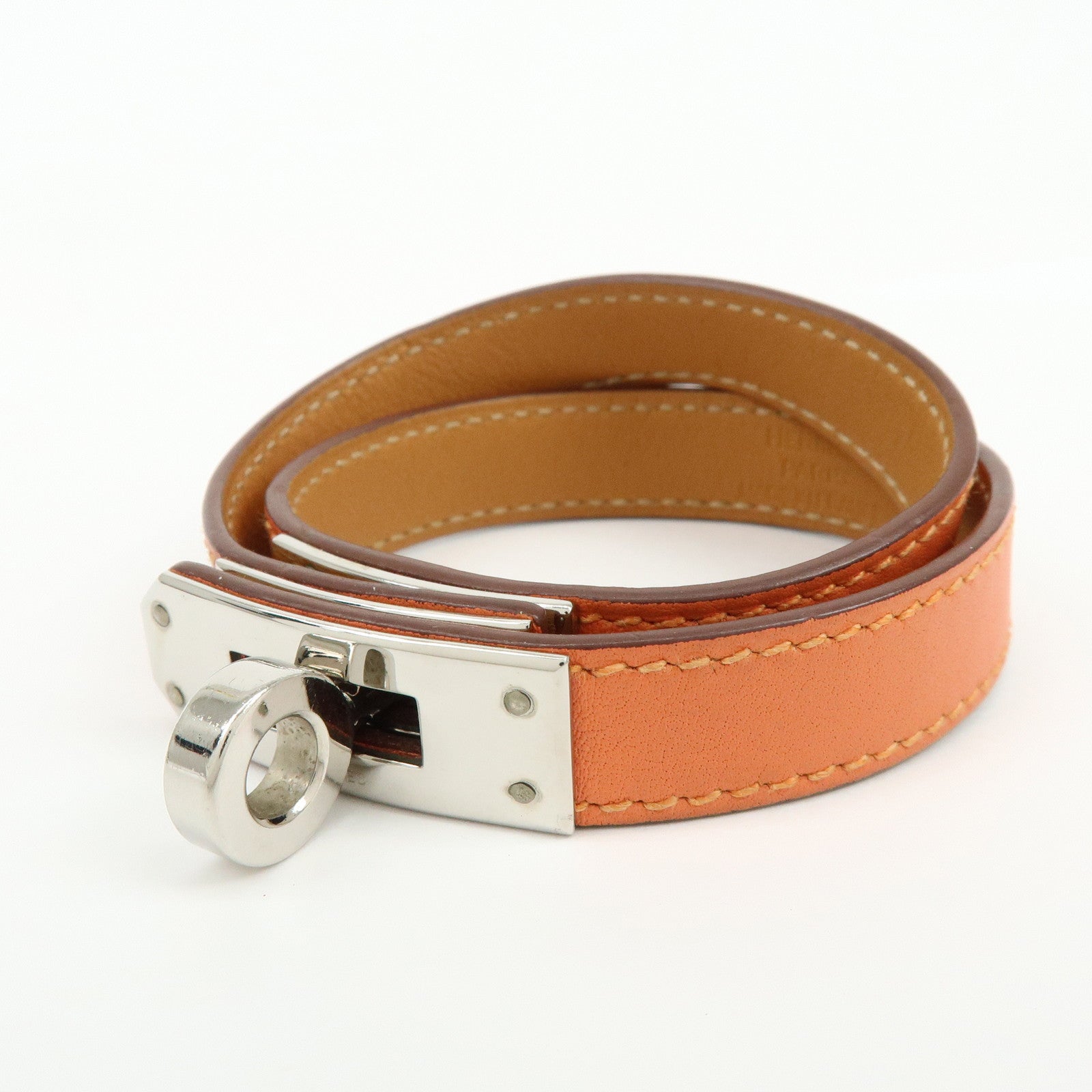 HERMES Kelly Double Tour Leather Bangle Bracelet ☐P Stamped Orange