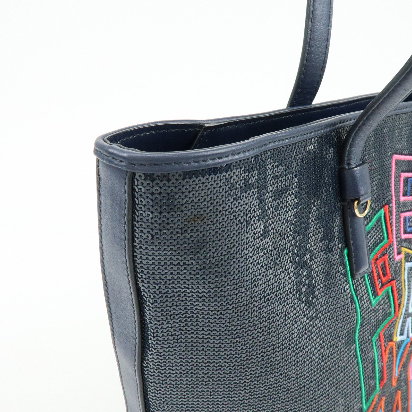 Ferragamo Gancini Sequin Leather Tote Bag Hand Bag Navy