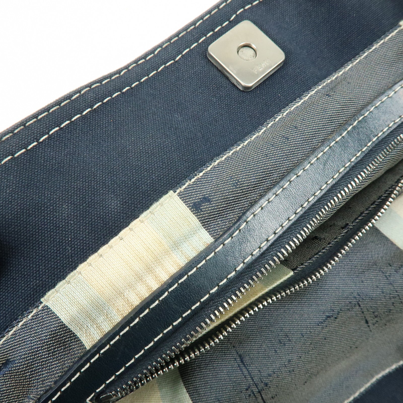 FENDI Canvas Leather Tote Bag Hand Bag White Stitch Navy 26693