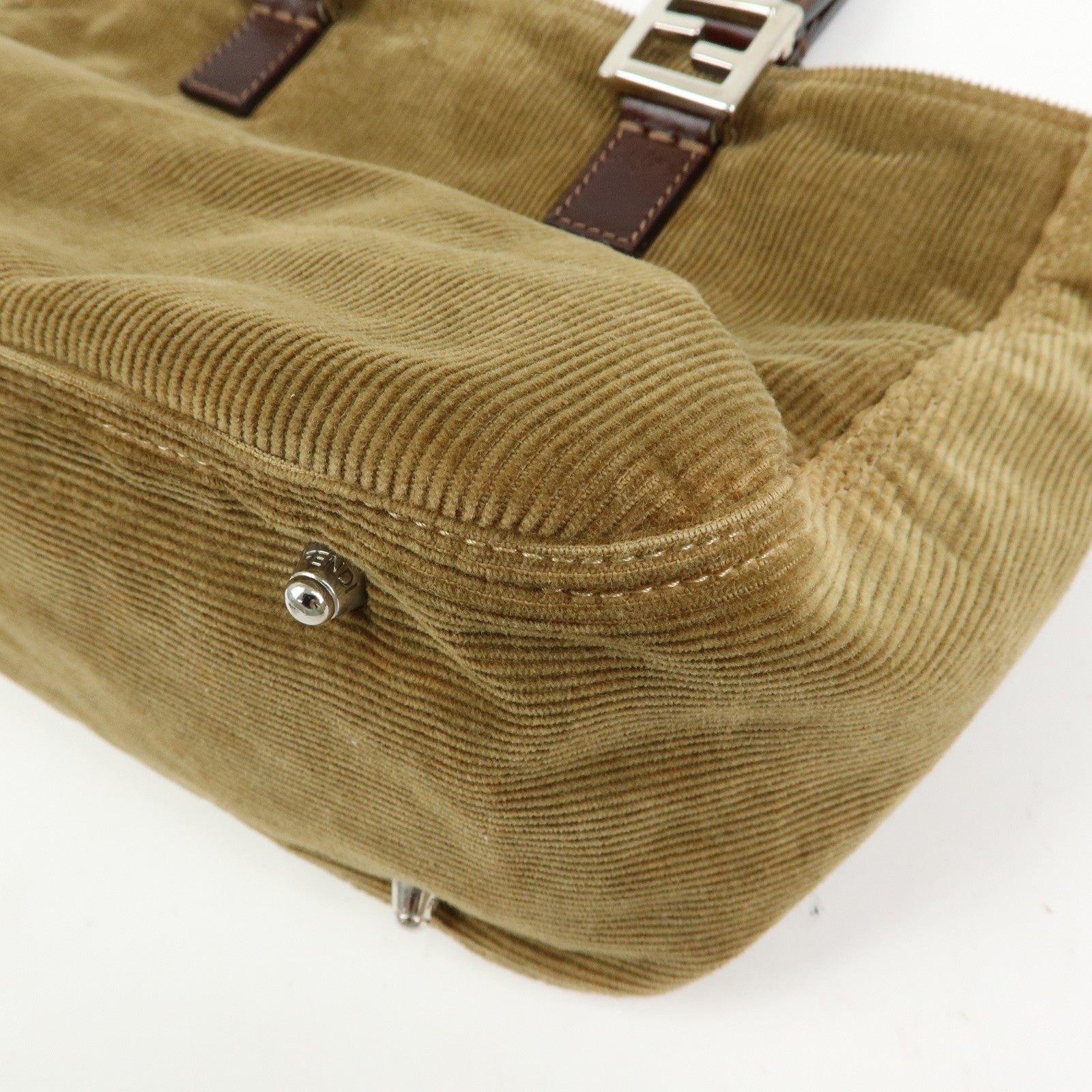 FENDI Corduroy Leather Hand Bag Mini Tote Bag Khaki 26693
