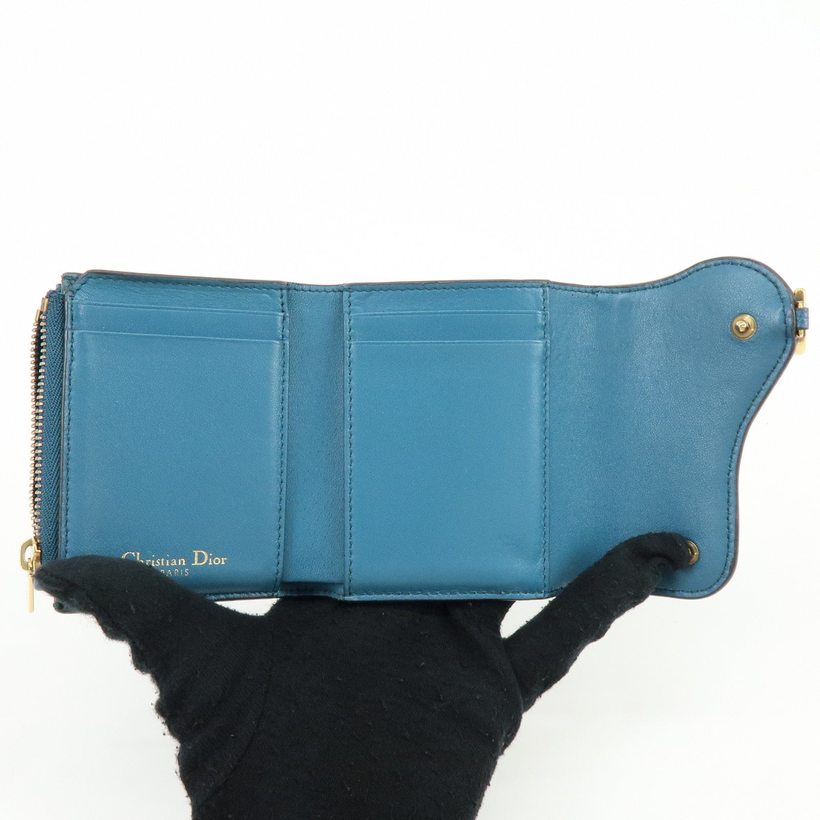 Christian Dior Saddle Leather Tri-Fold Compact Wallet Blue