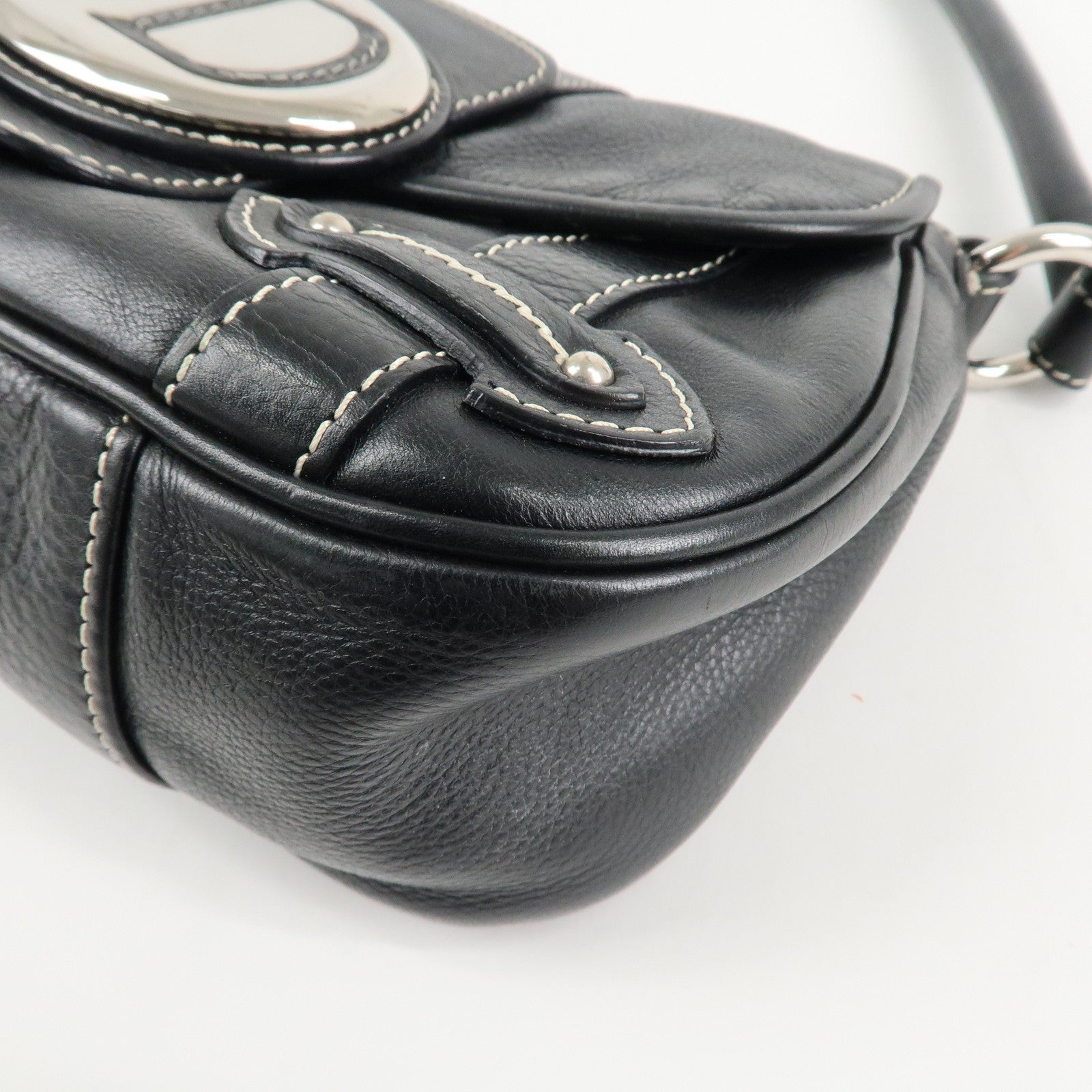 Christian Dior CD Logo Leather Shoulder Bag Hand Bag Black Used