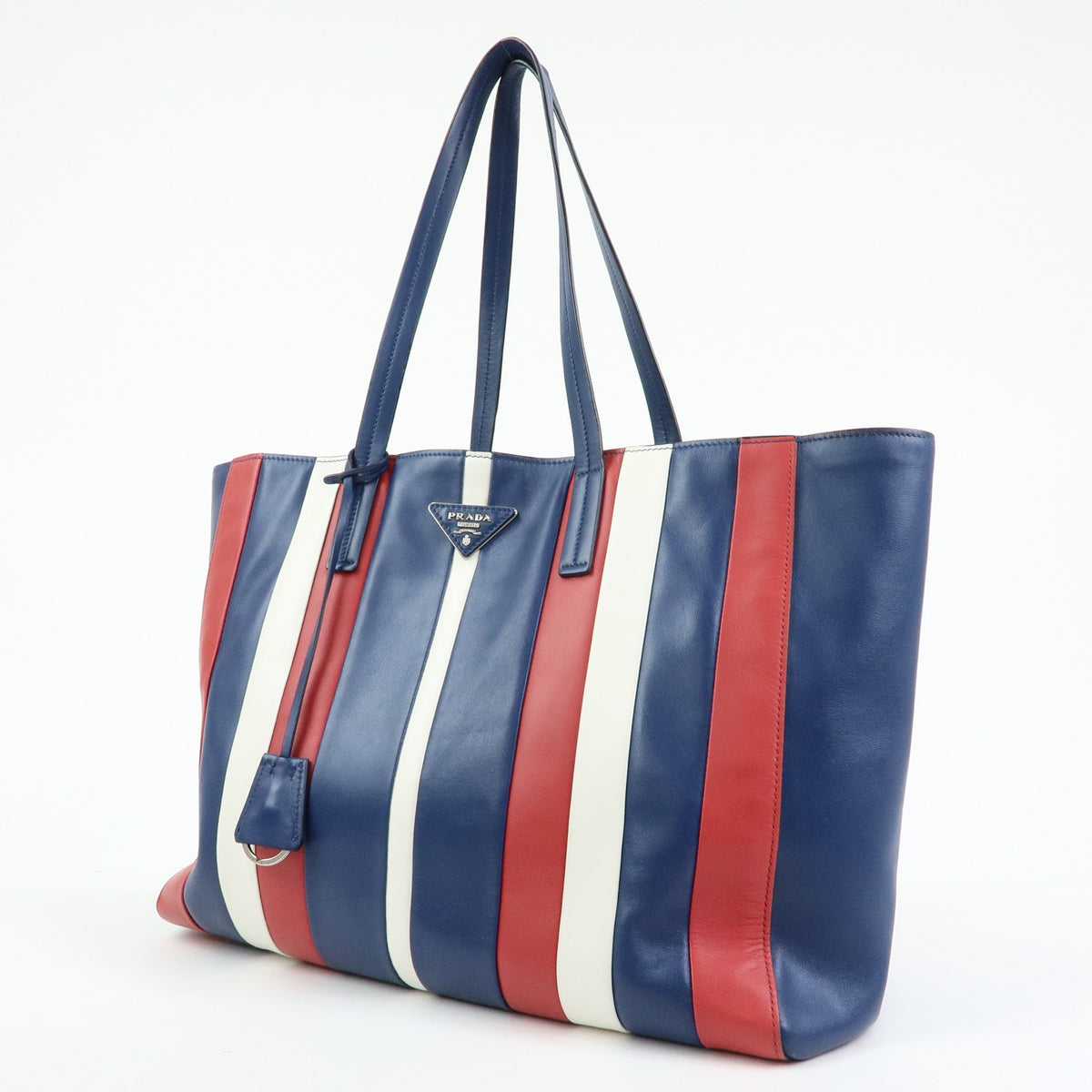 PRADA Triangle Logo Leather Tote Bag Shoulder Bag Blue White Red