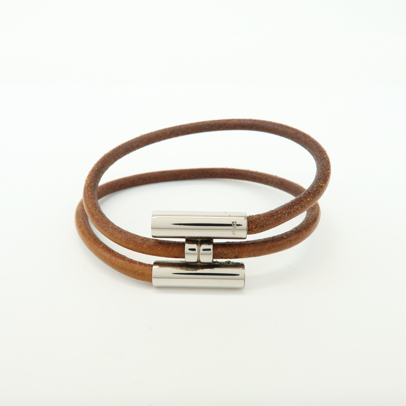 HERMES Leather Metal Tournis Tresse Bracelet Brown Silver