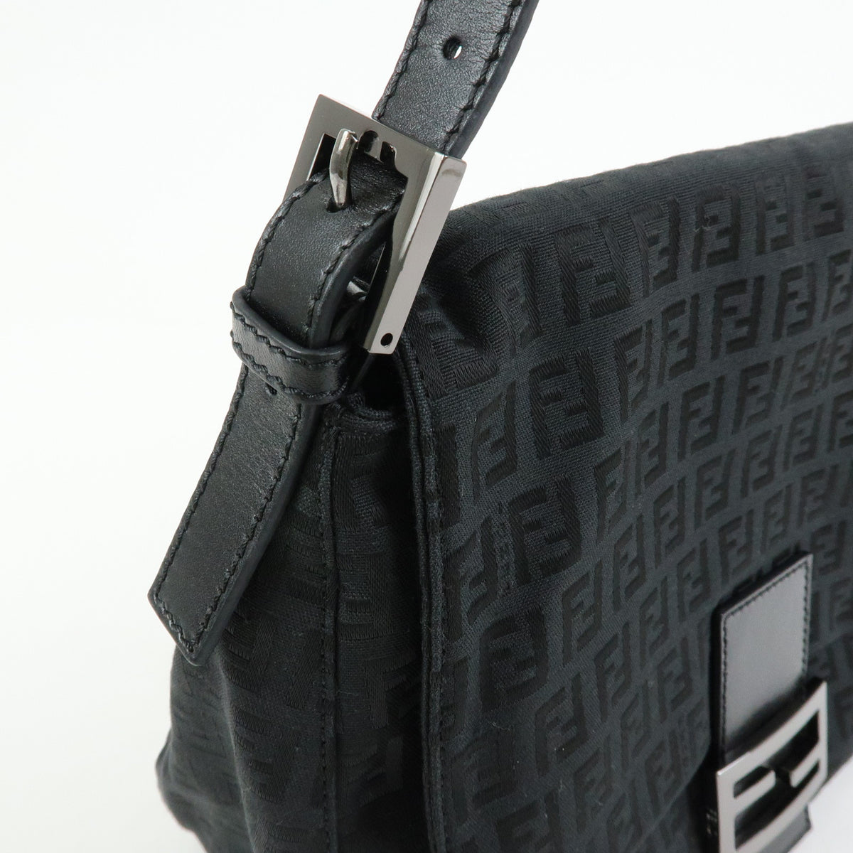 FENDI Mamma Baguette Zucchino Canvas Leather Shoulder Bag Black 8BR001
