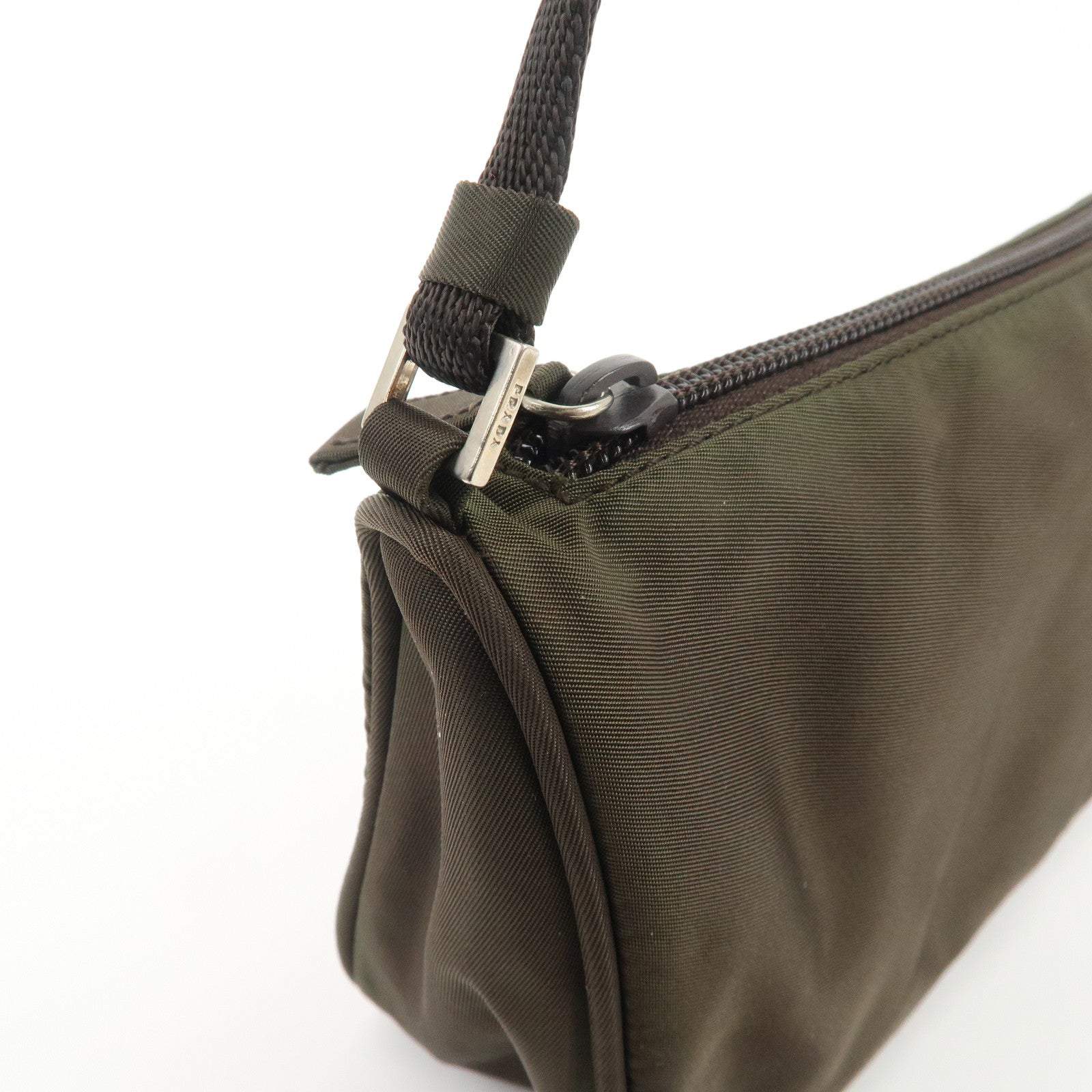 PRADA Triangle Logo Nylon Leather Accessory Pouch Hand Bag Khaki Silver HDW Used