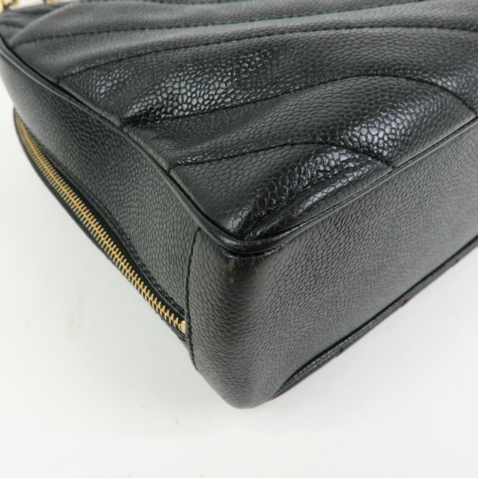 CHANEL Chevron COCO Mark Caviarskin Chain Shoulder Bag Black