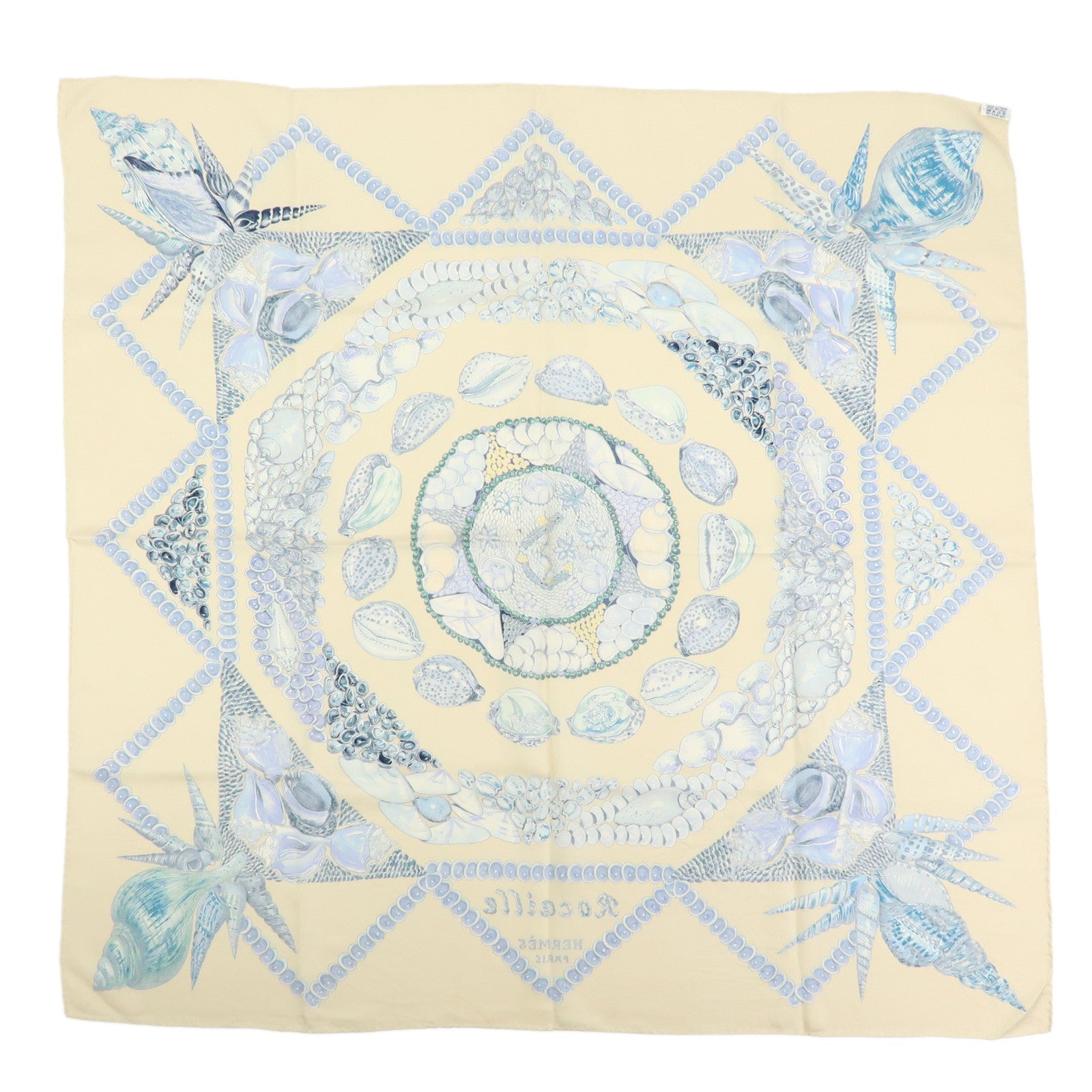 HERMES Carre 90 Silk 100% Scarf Rocaille Seashell Motif Beige Blue