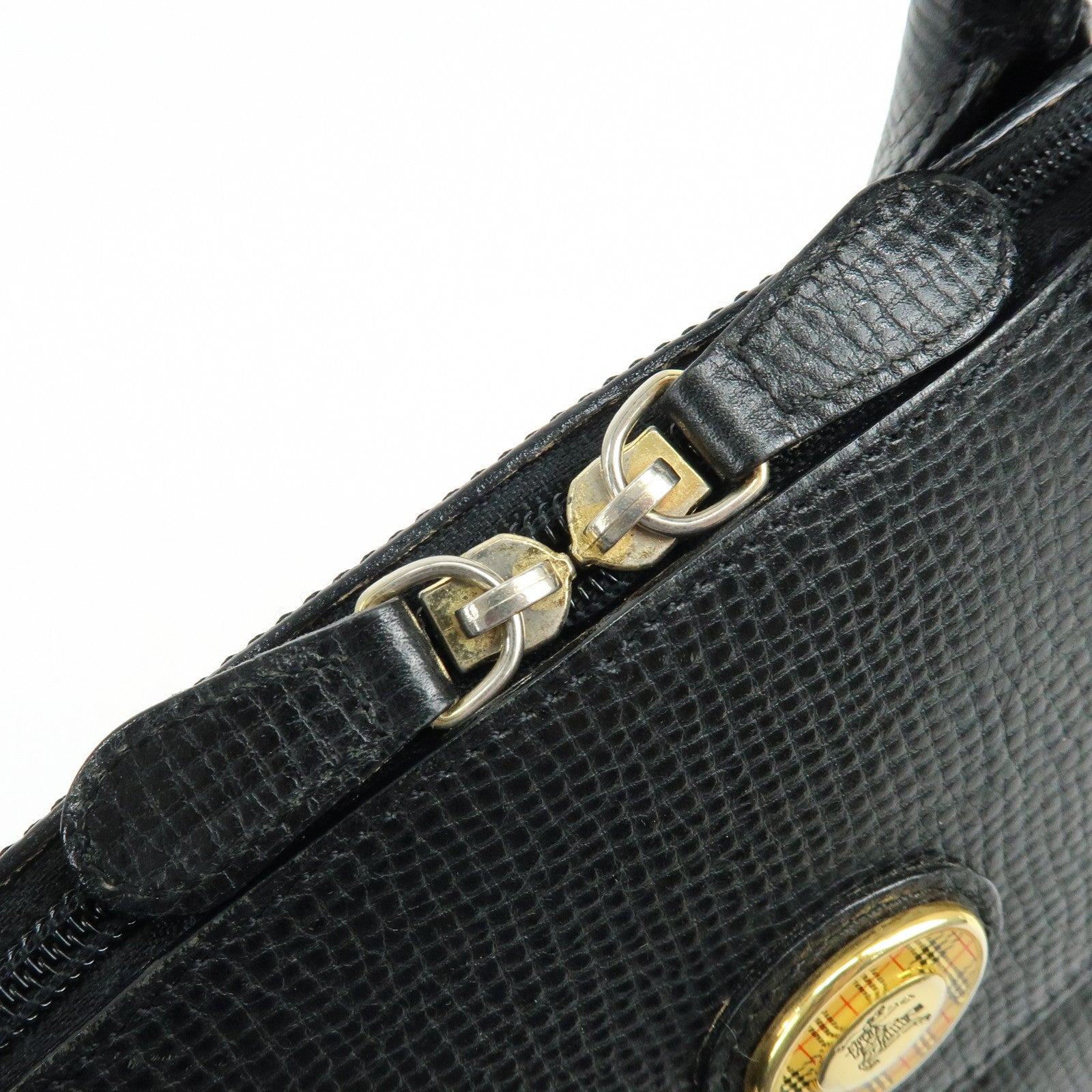 BURBERRY Embossed Leather Hand Bag Boston Bag Black