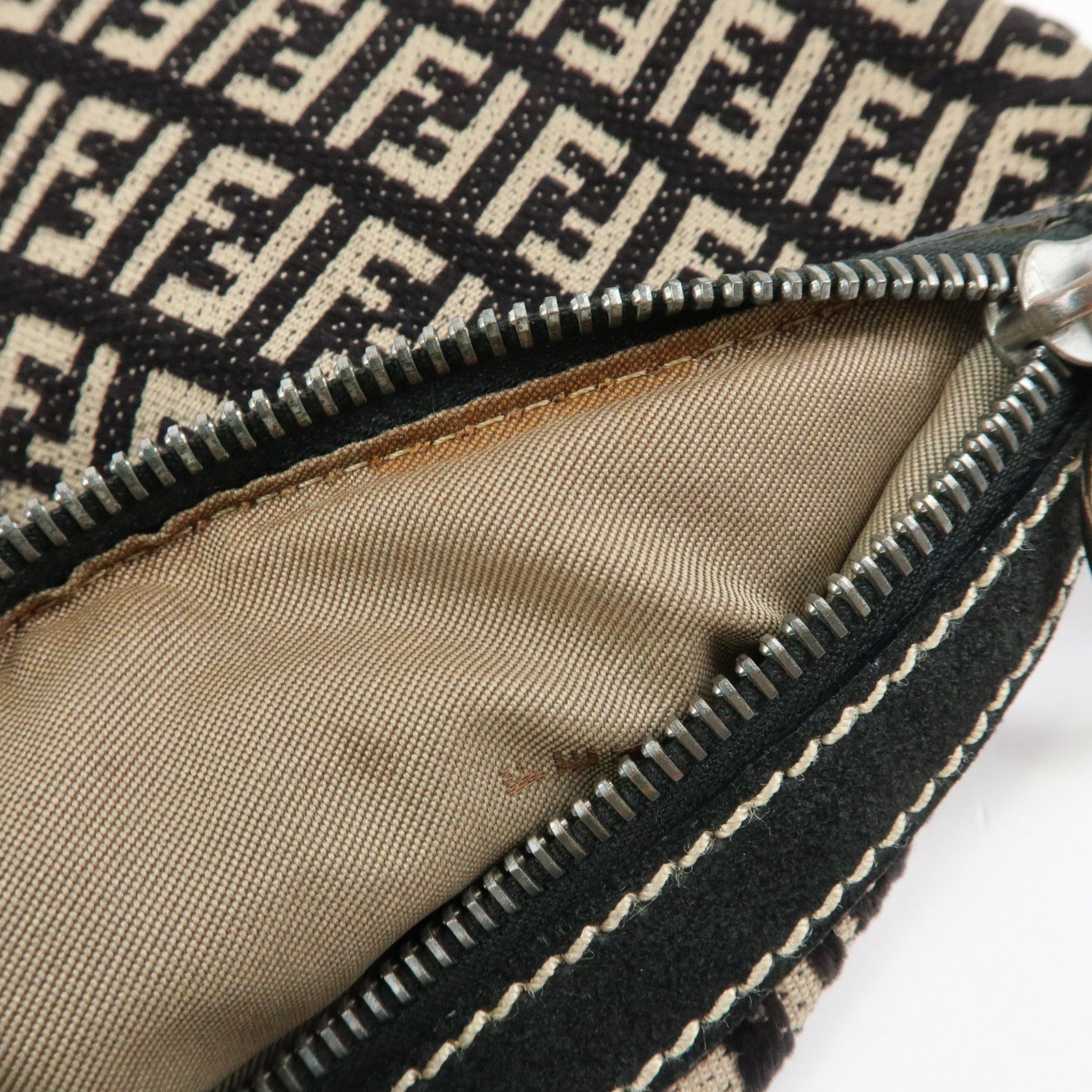 FENDI Zucchino Canvas Leather Shoulder Bag Hand Bag Black Beige