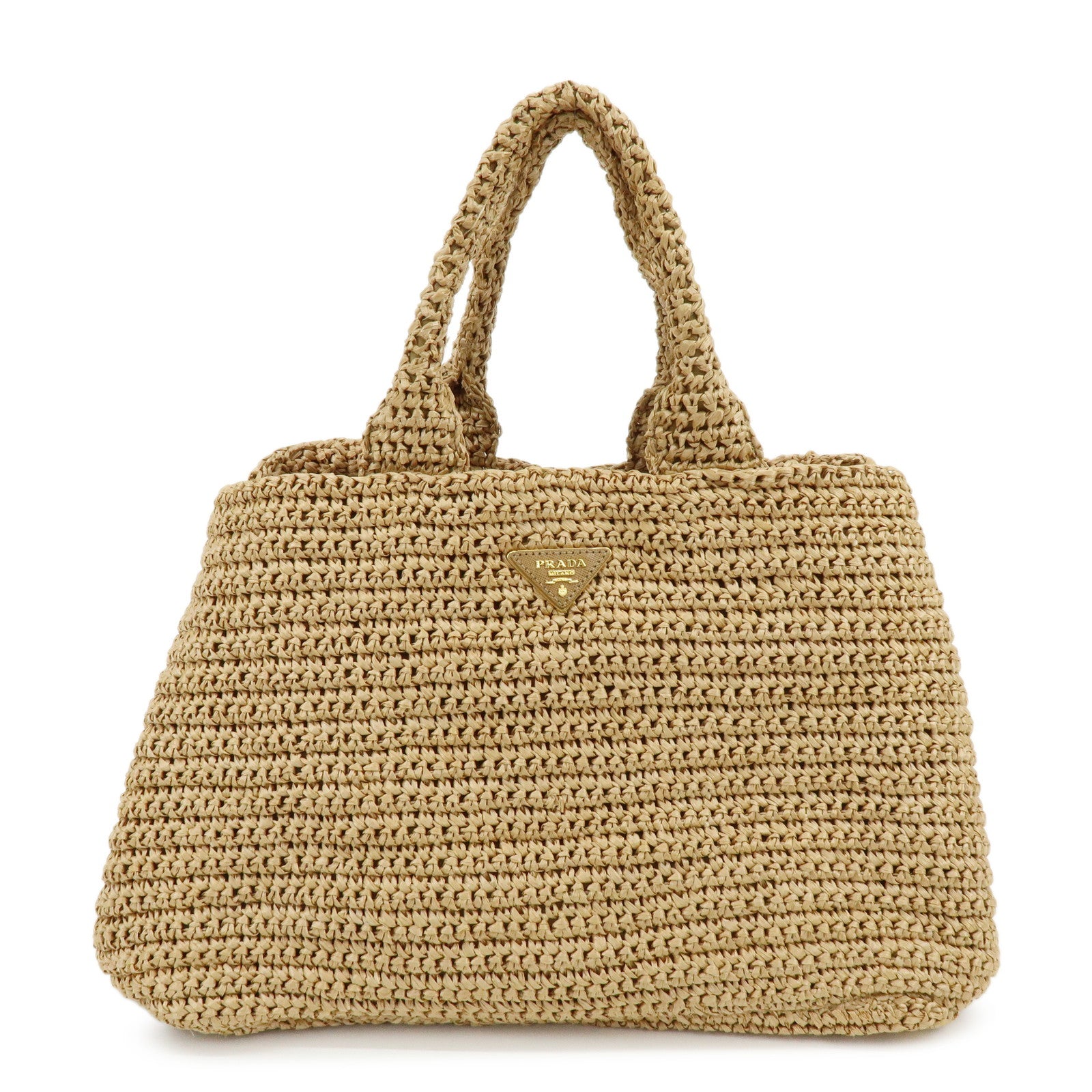 PRADA Triangle Logo Raffia Tote Bag Hand Bag Shoulder Bag Beige