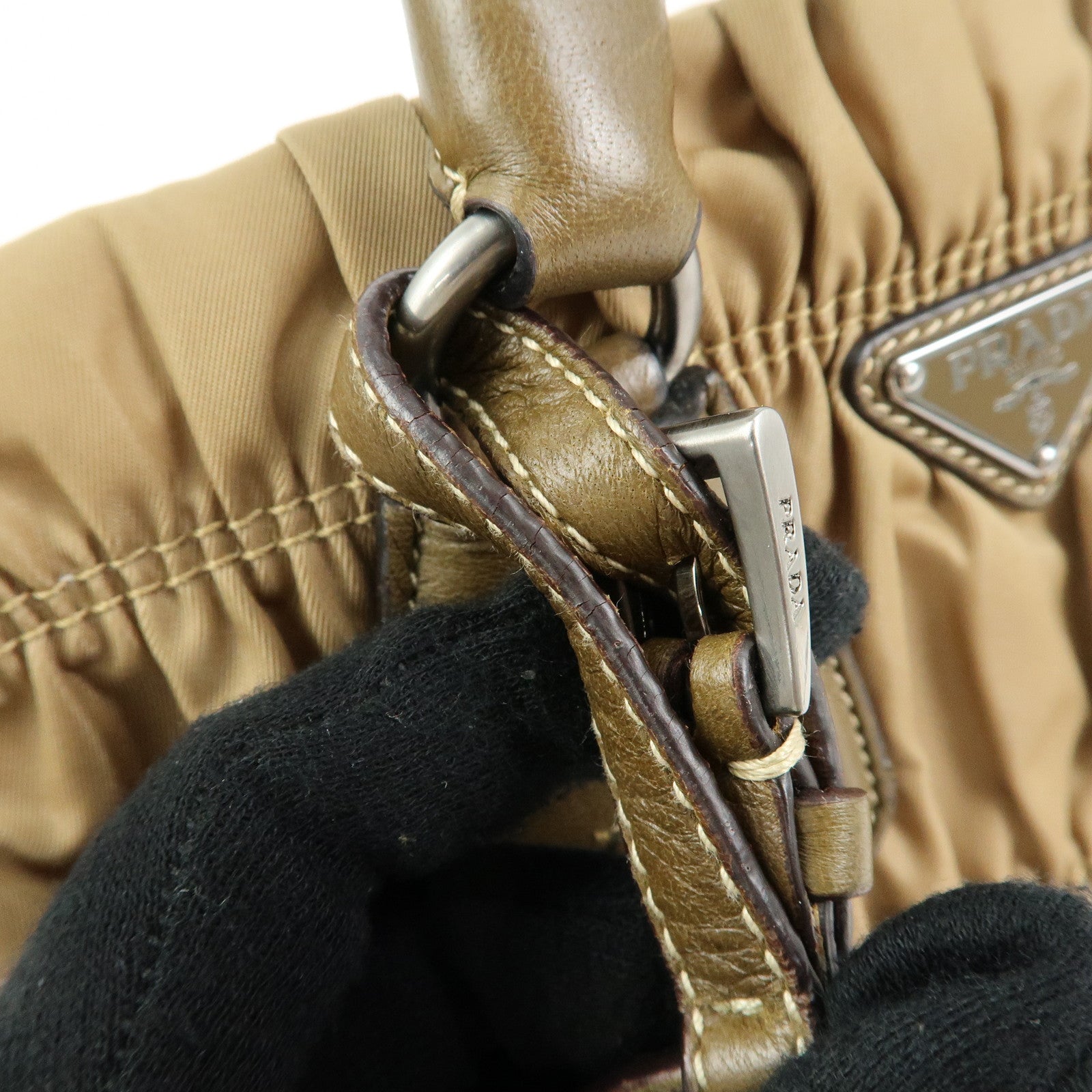 PRADA Triangle Logo Nylon Leather Tessuto Gaufre Hand Bag Brown