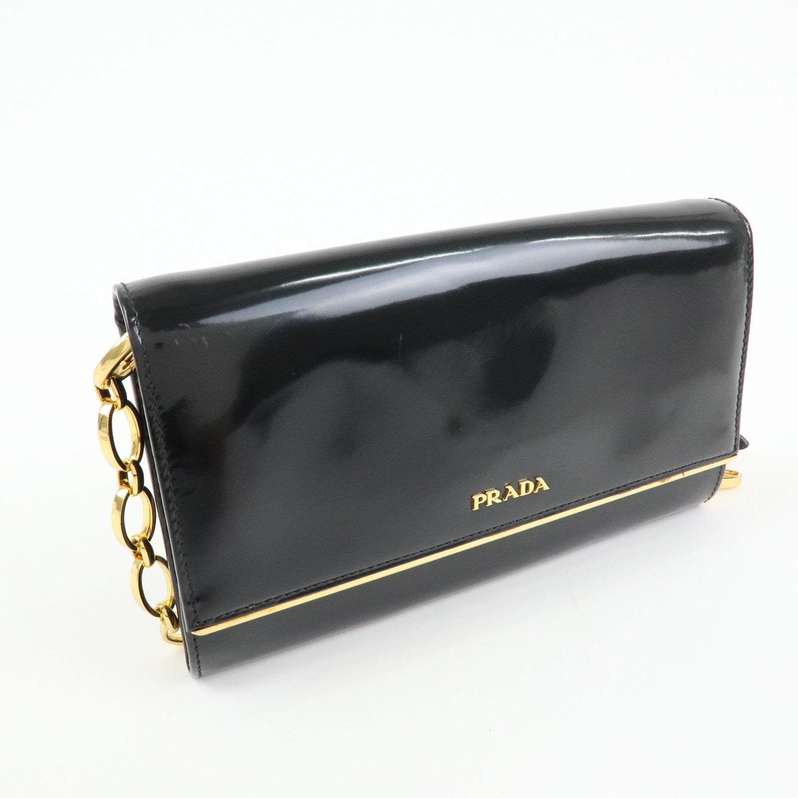 Prada Patent Leather Chain Long Wallet Shoulder Bag Black BT0920