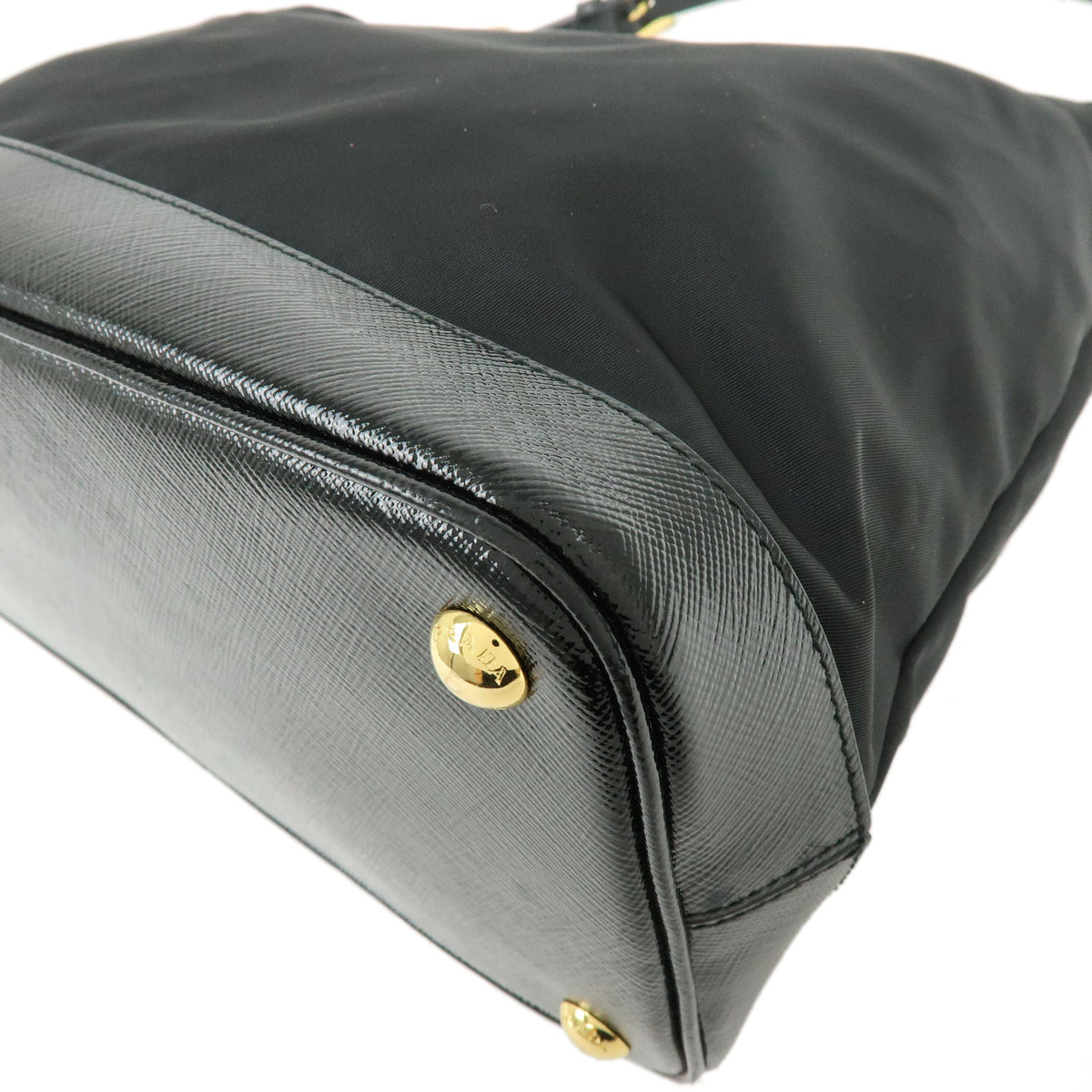PRADA Triangle Logo Nylon Saffiano Leather Shoulder Bag Black BR4983