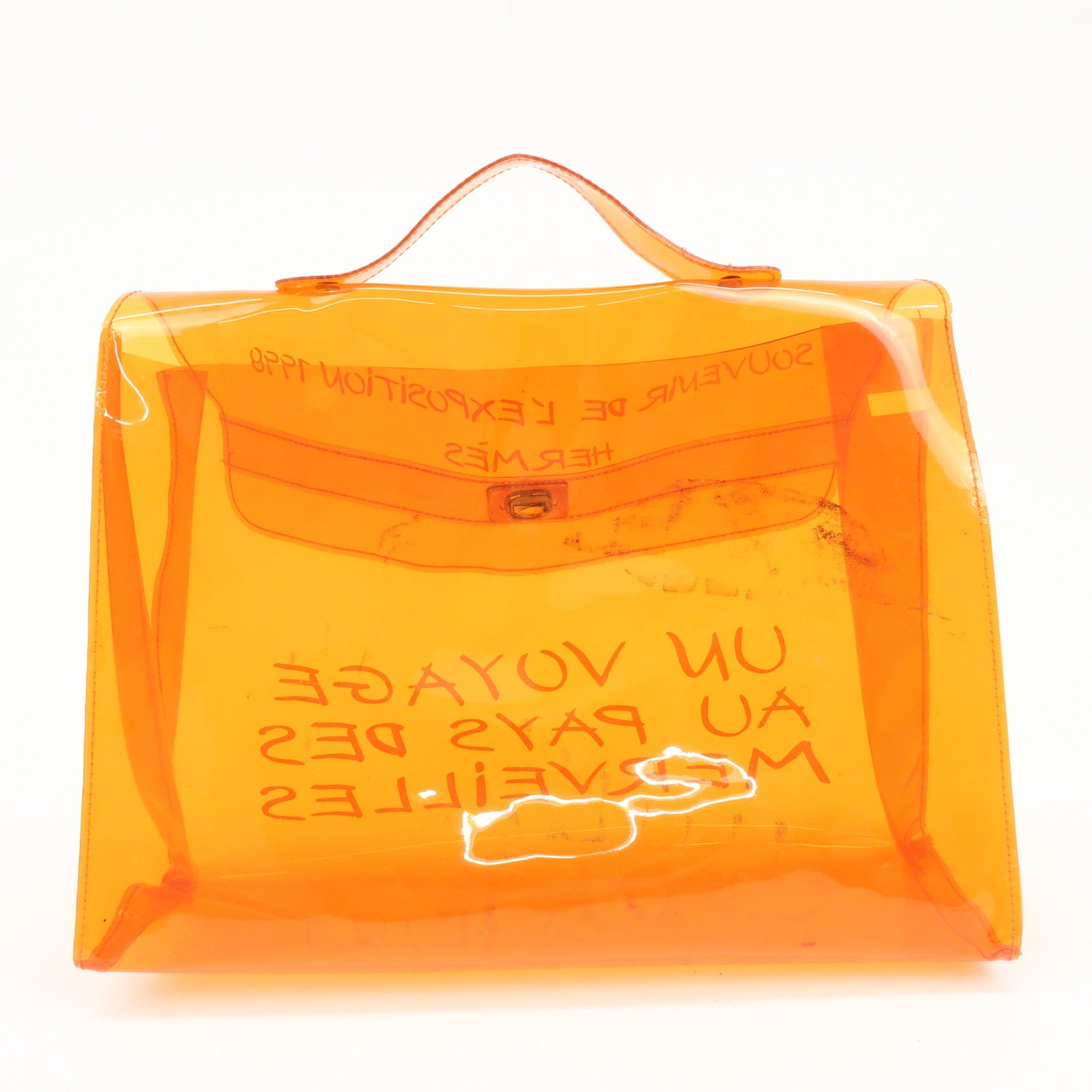 HERMES Kelly Vinyl Hand Bag Clear Orange