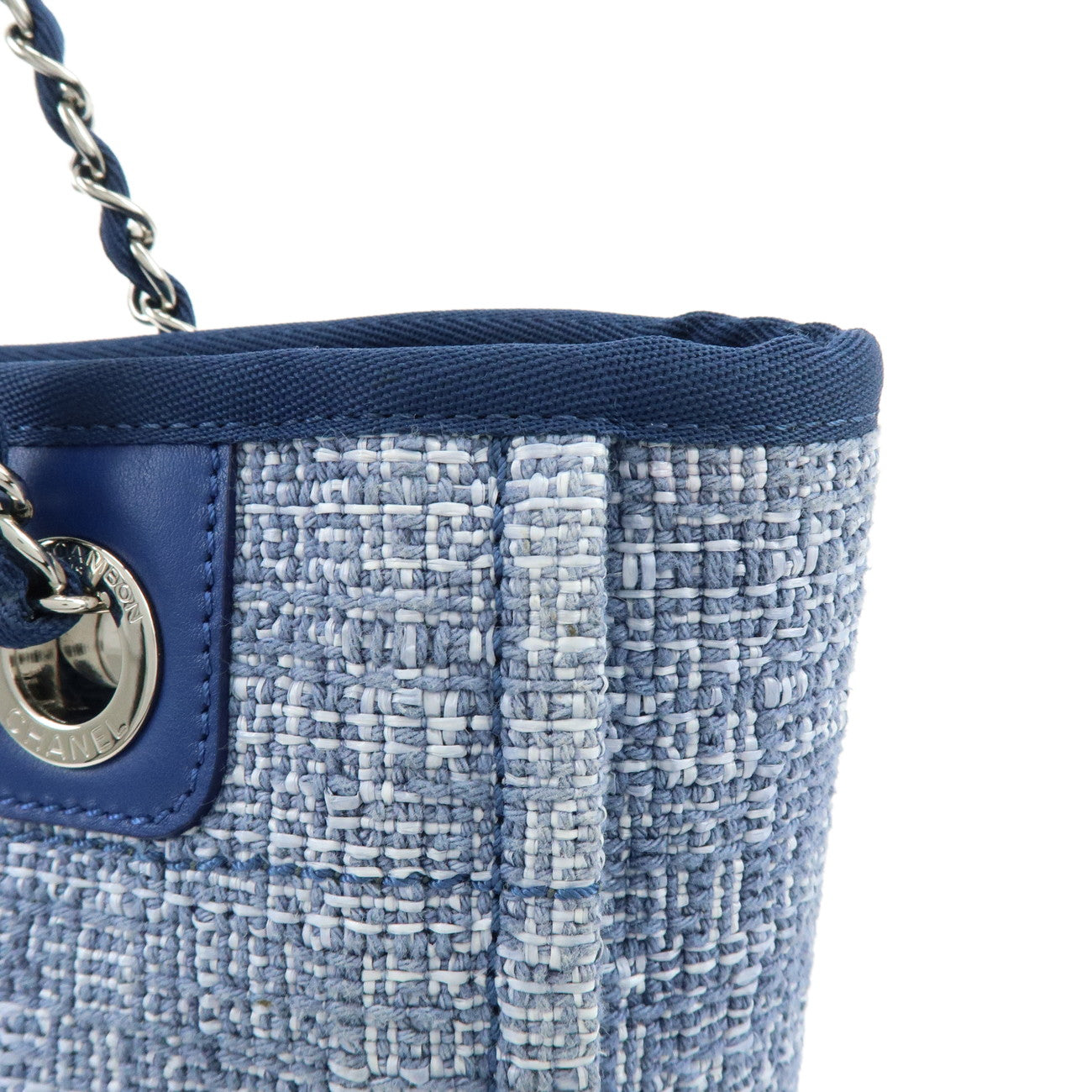 CHANEL Deauville PM Jaquard Canvas Leather Chain Tote Bag Blue A66939