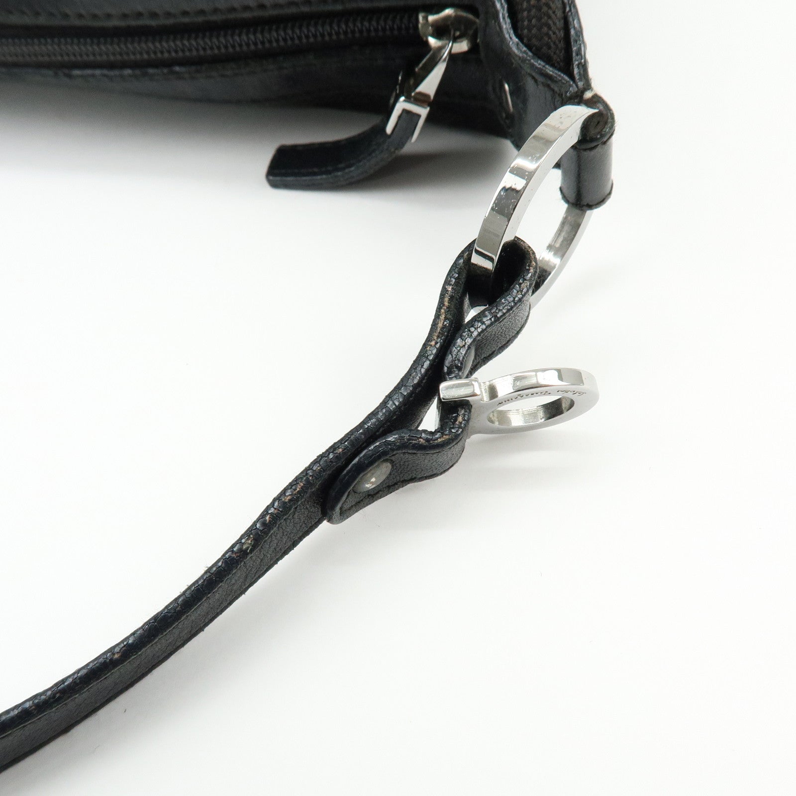 Ferragamo Gancini Canvas Leather Hand Bag Accessory Pouch Black