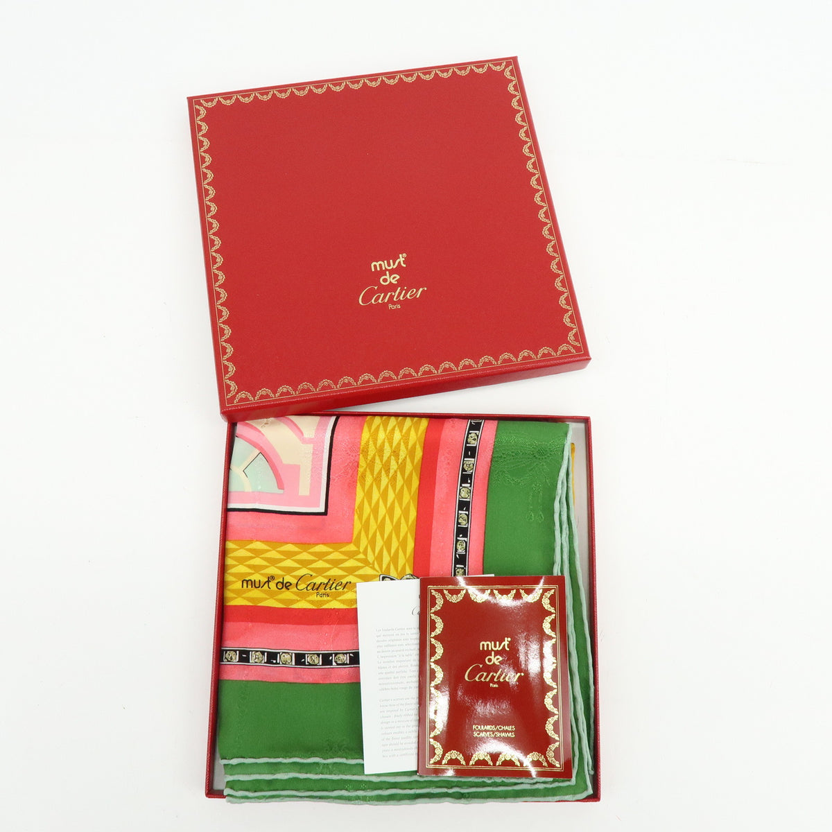 Cartier Must de Cartier Silk 100% Scarf Pink Green Multicolor