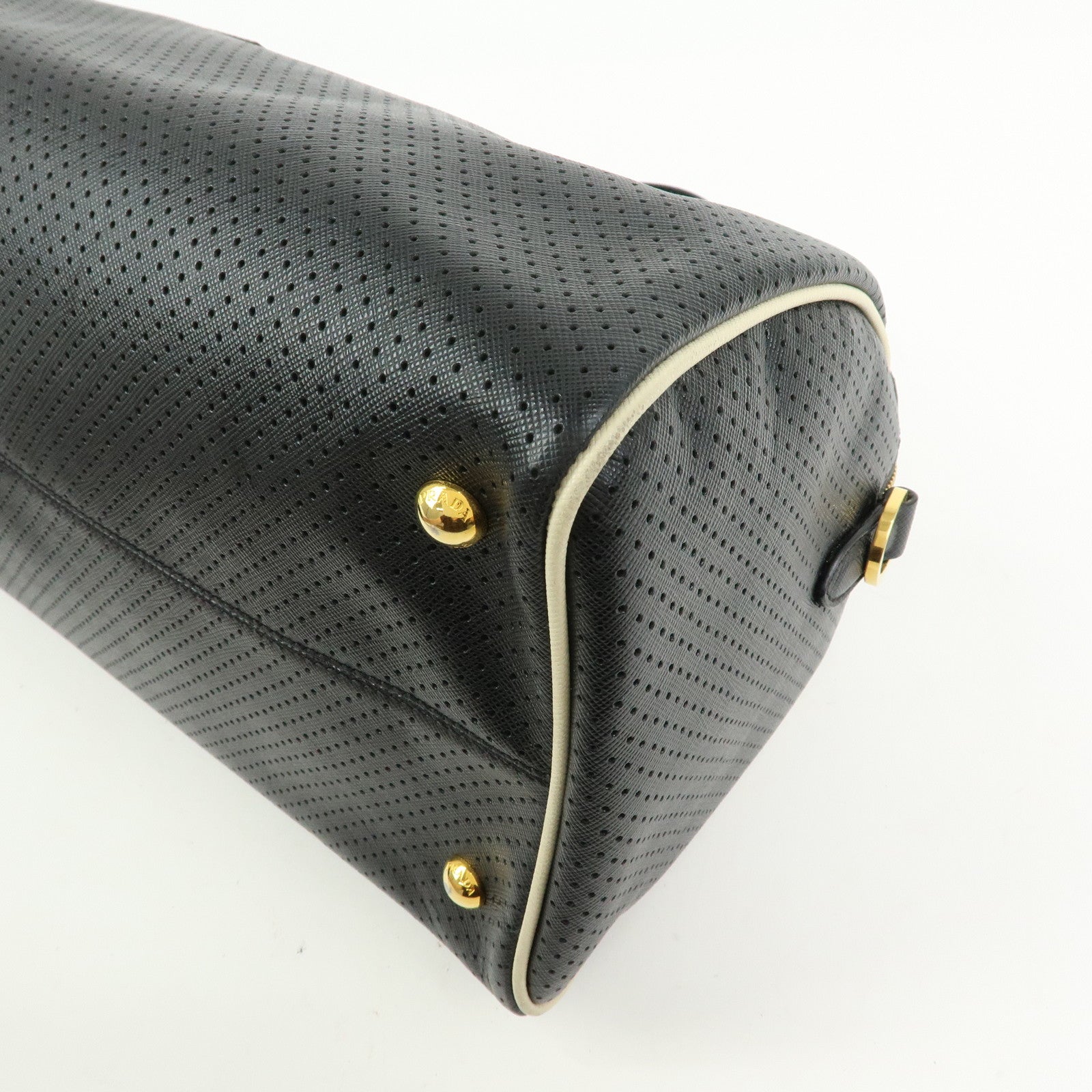 PRADA Triangle Logo Perforated Saffiano Leather 2Way Boston Bag Black